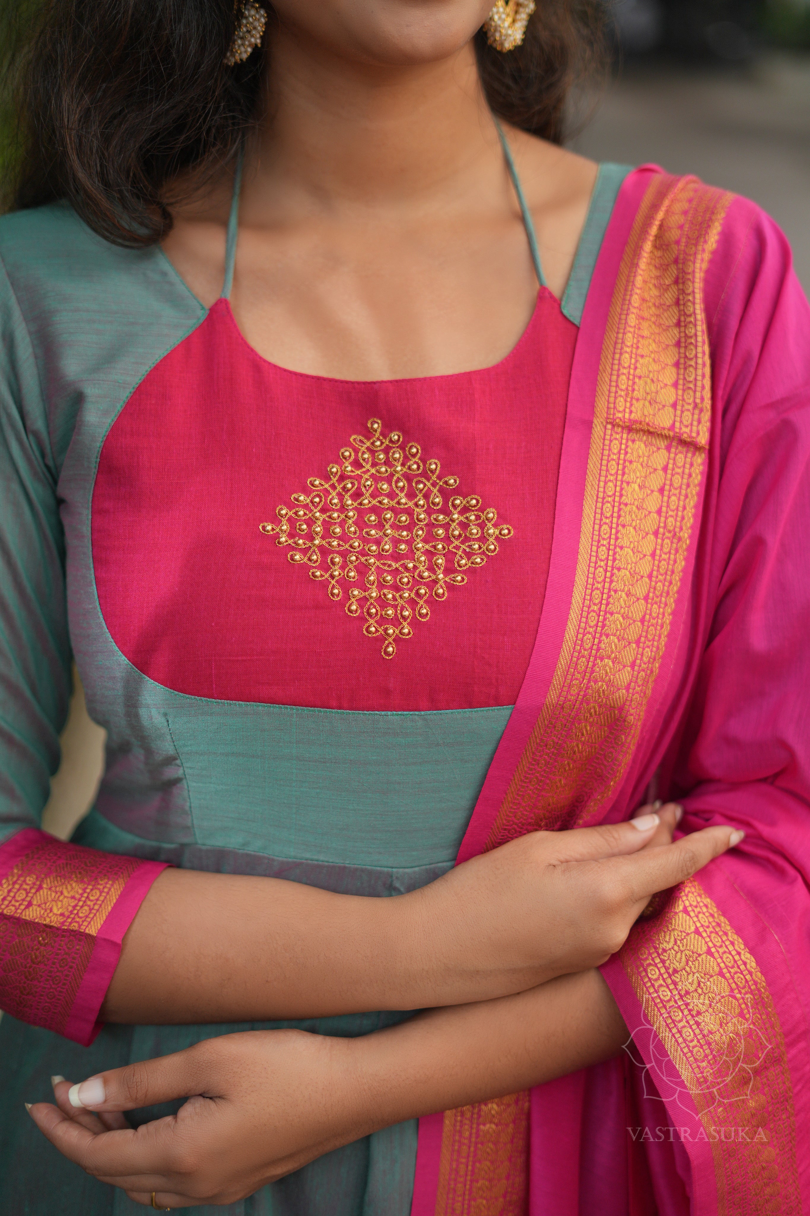 Pine green & pink Kanchi cotton Anarkali