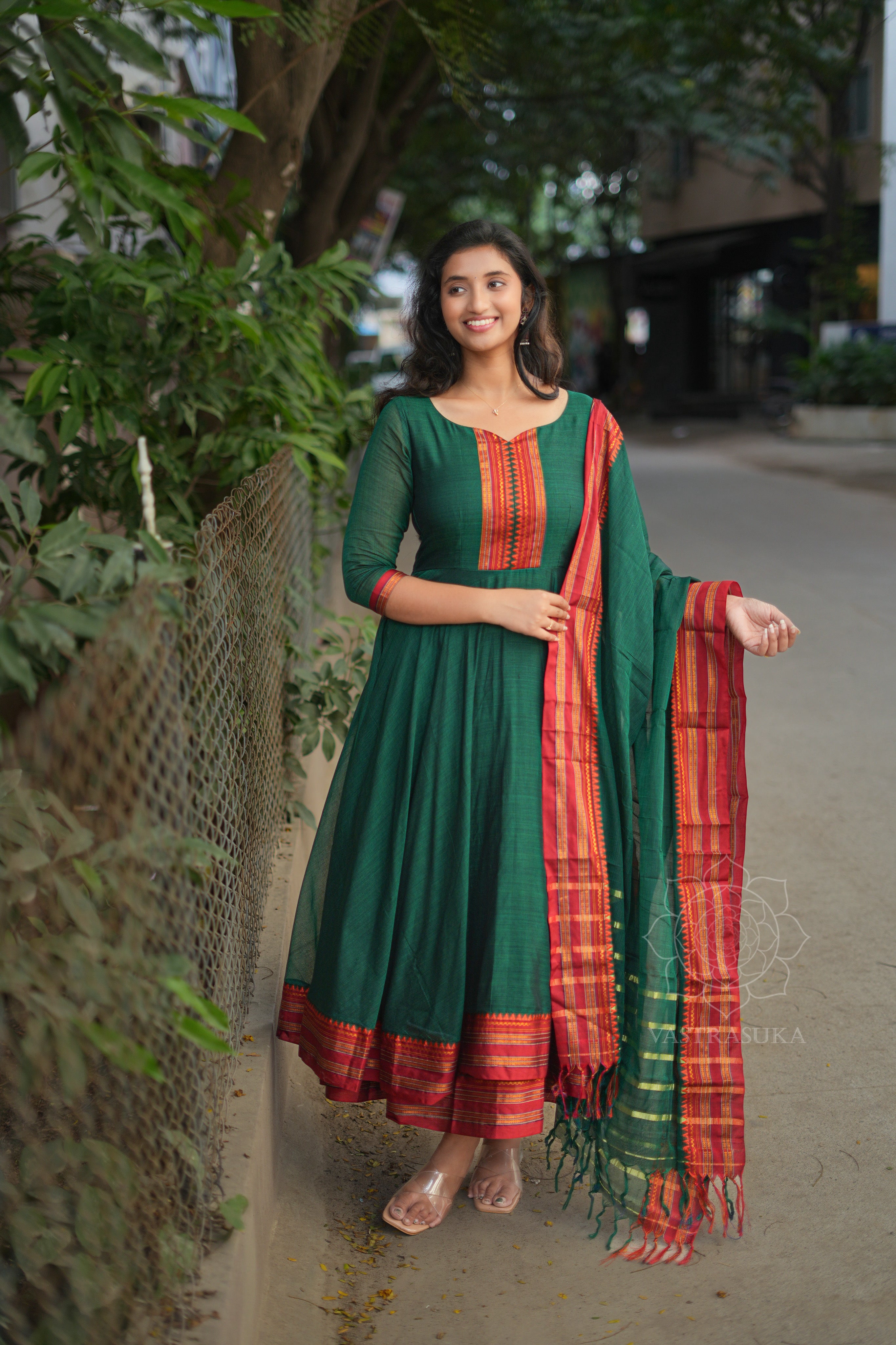 Bottle green handloom Anarkali