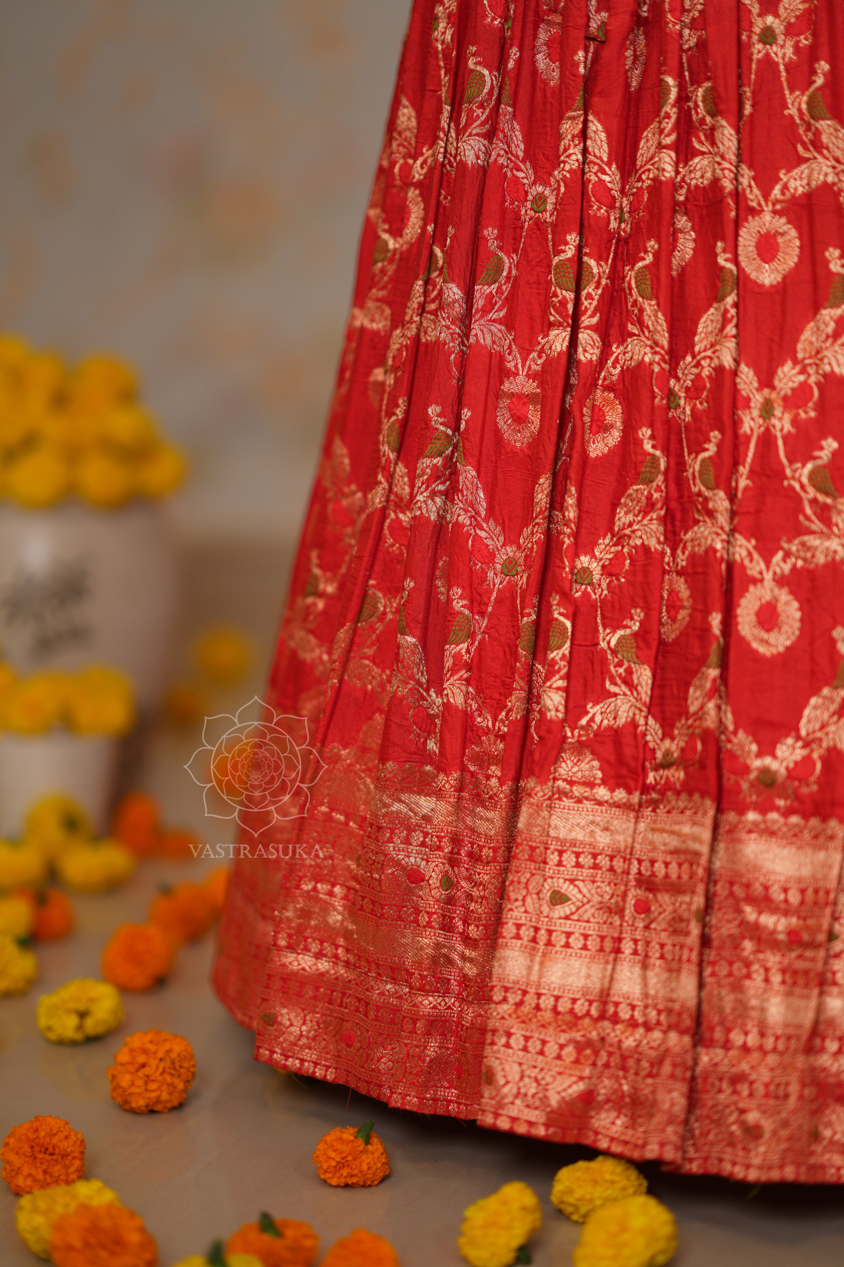 Red Zari Weaved Half Saree