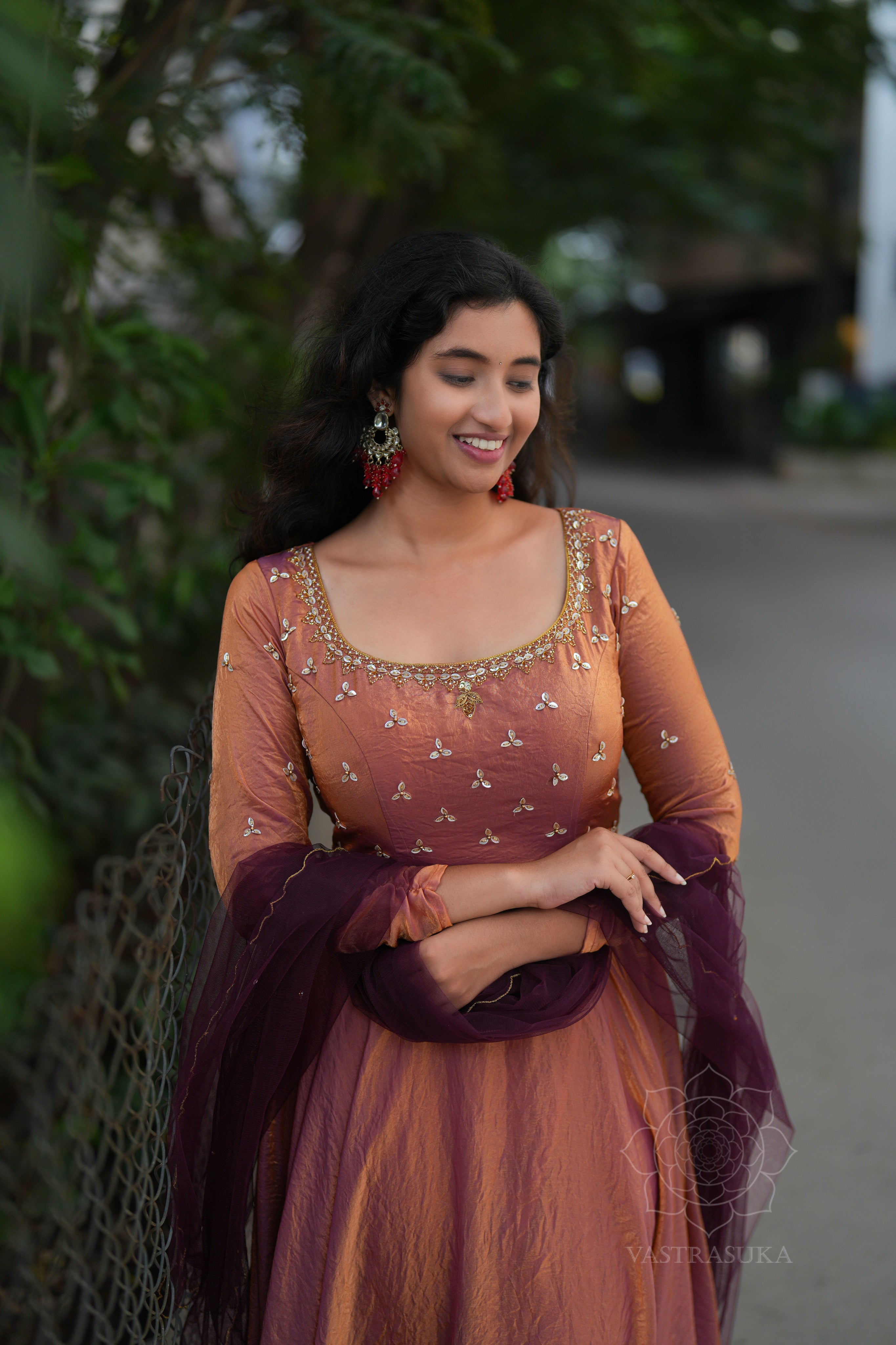 Peach & wine space silk Anarkali