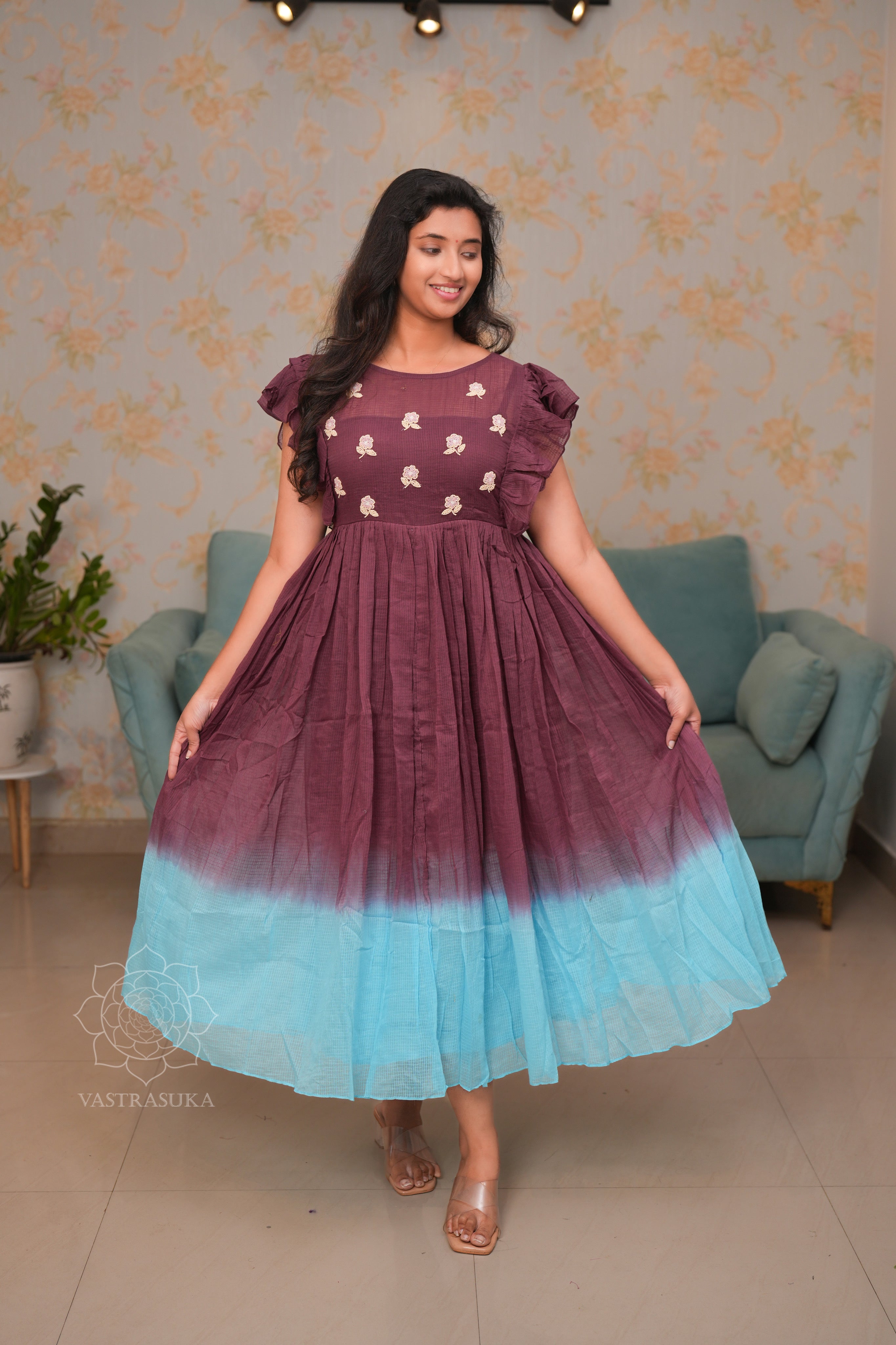 Pure mul cotton wine & blue ombr dress Vastrasuka Pure mul cotton wine & blue ombr dress Vastrasuka