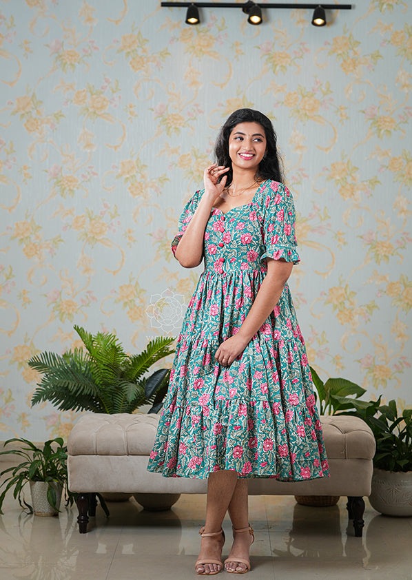 Emerald Green Floral Flared Dress