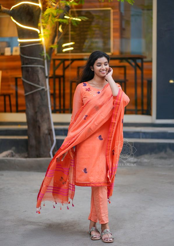 Peach orange mul cotton Kurti set