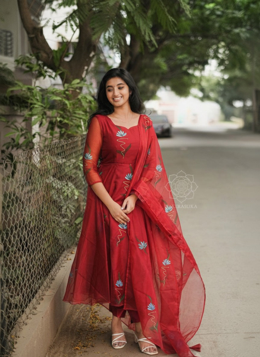 Maroon Red Hand Painted Anarkali