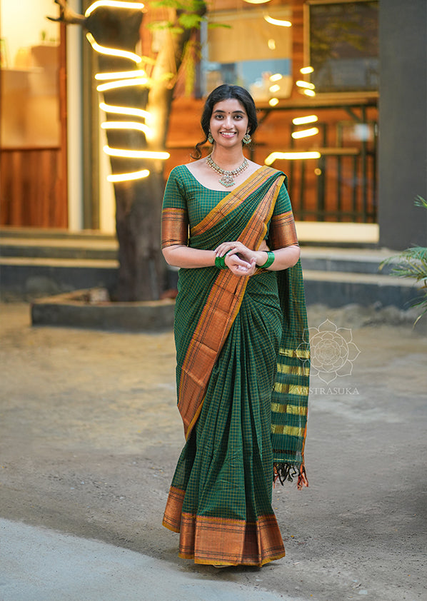 Bottle Green Checks Handloom Saree