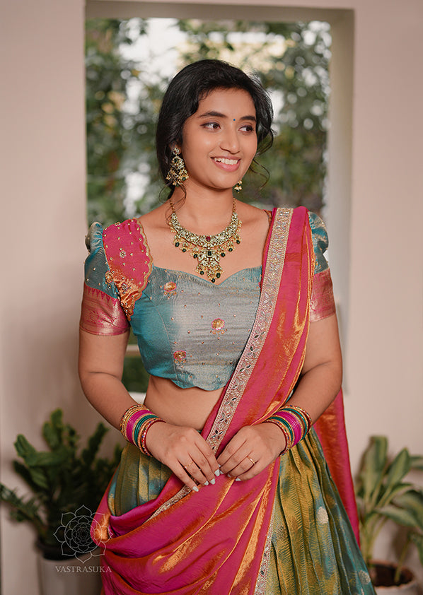 Rama Green Silk Tissue Half Saree