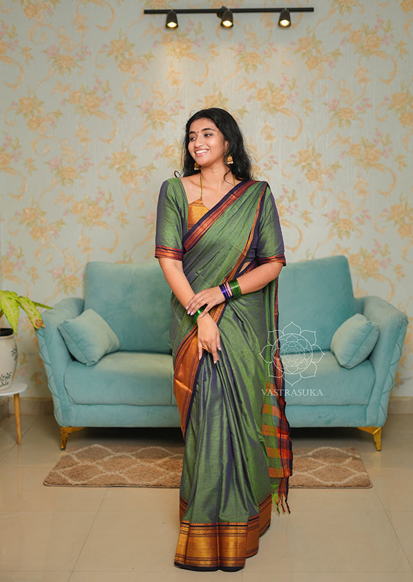 Peacock Green Narayanpet Saree with Navy Blue Border