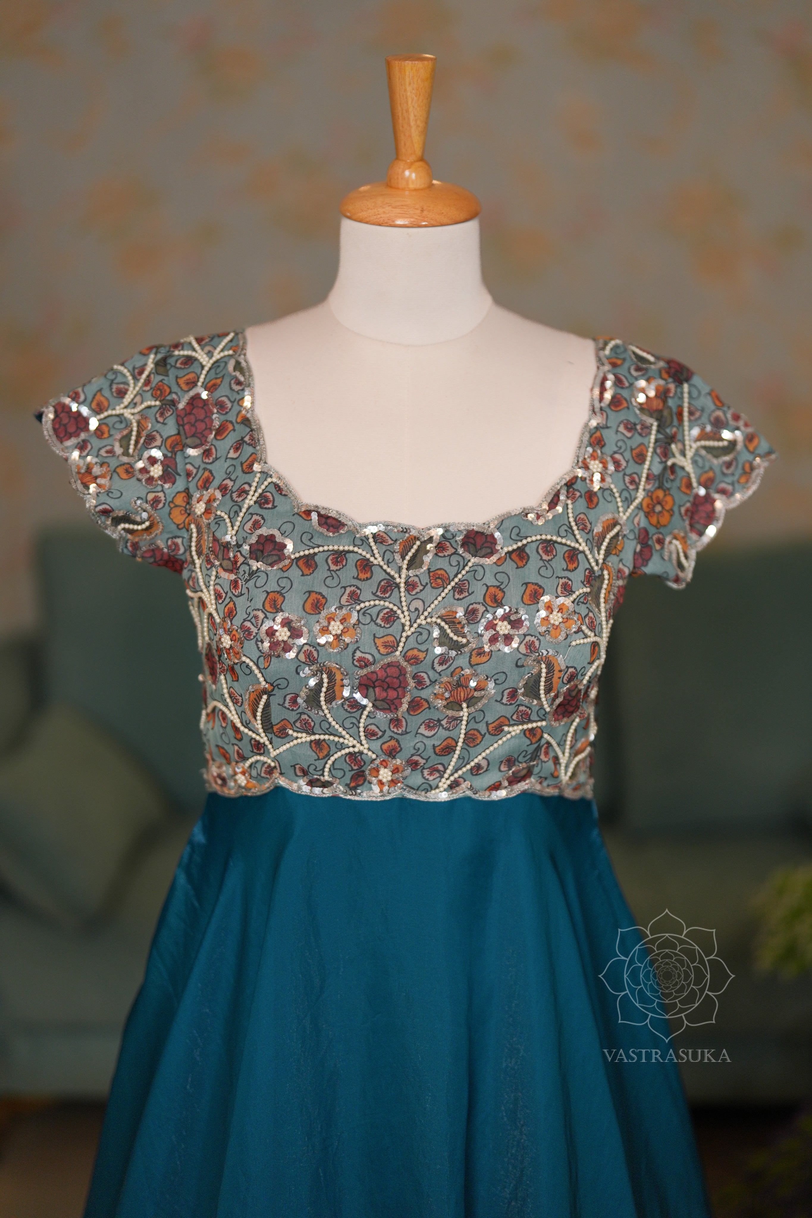 Teal blue kalamkari Long Dress Set