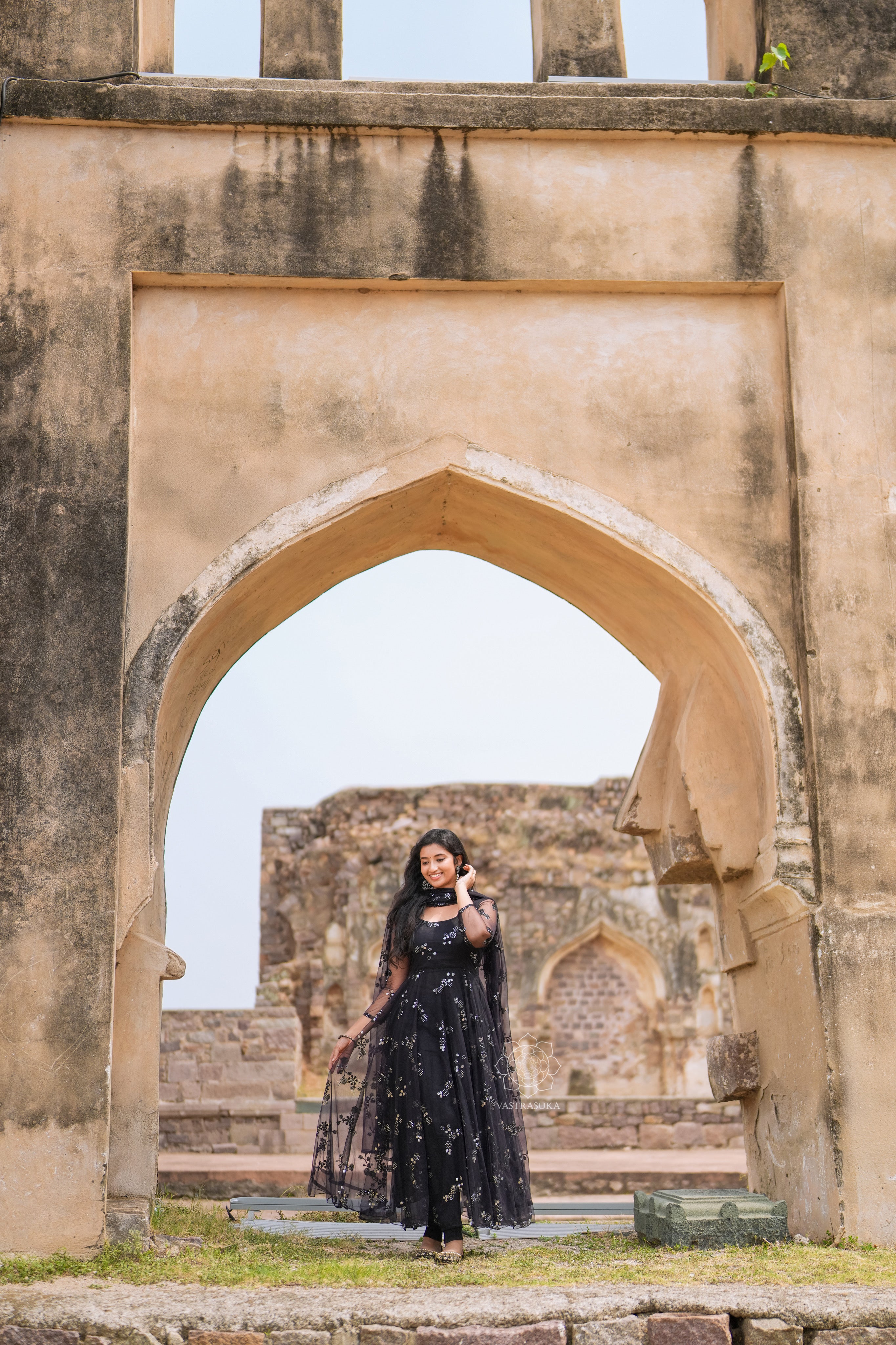 Black net long Anarkali dress
