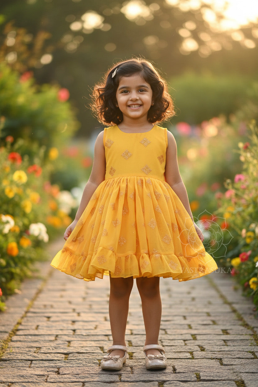 Yellow embroidered georgette kids dress