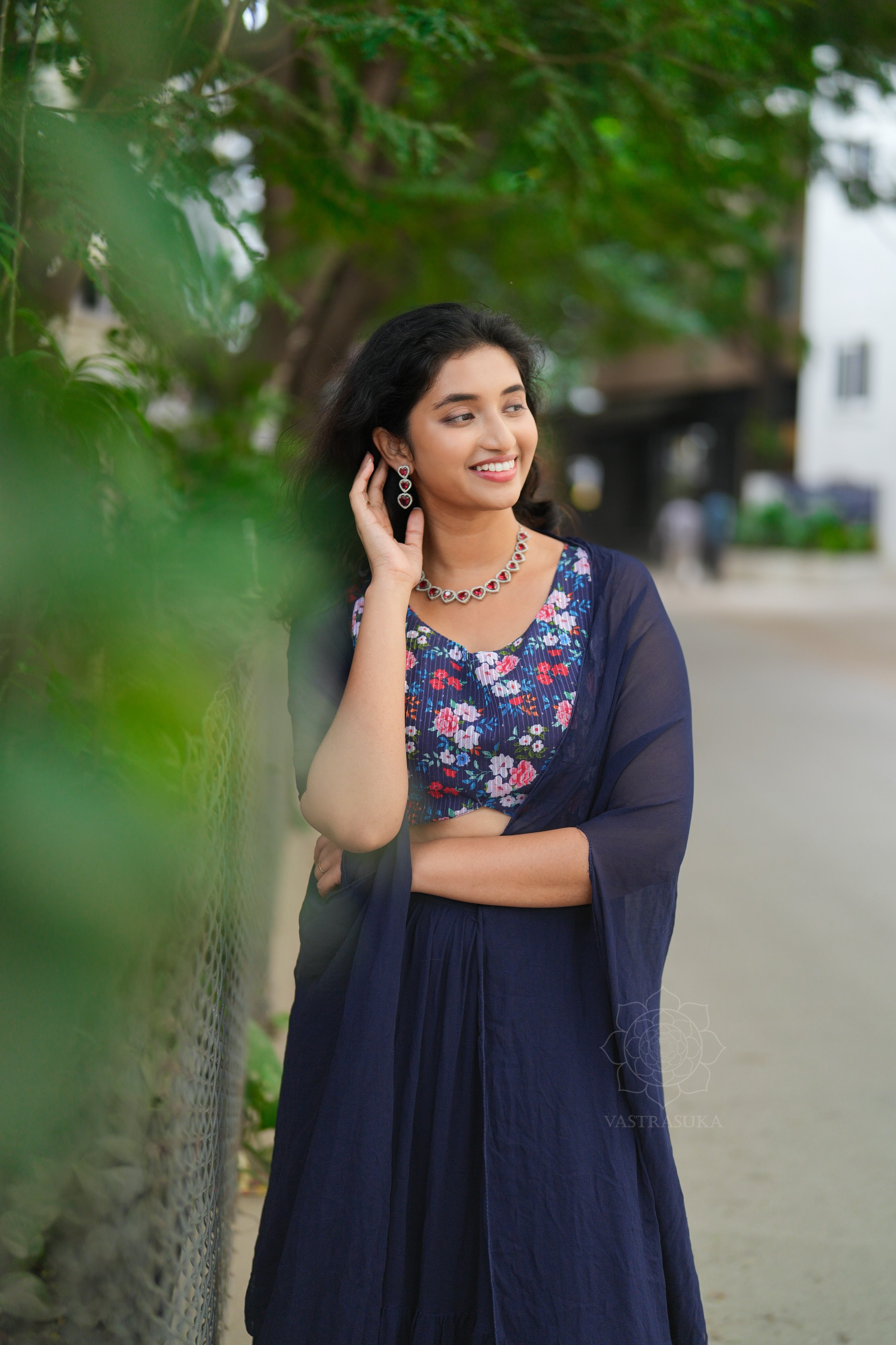 Navy blue layered Lehanga crop top