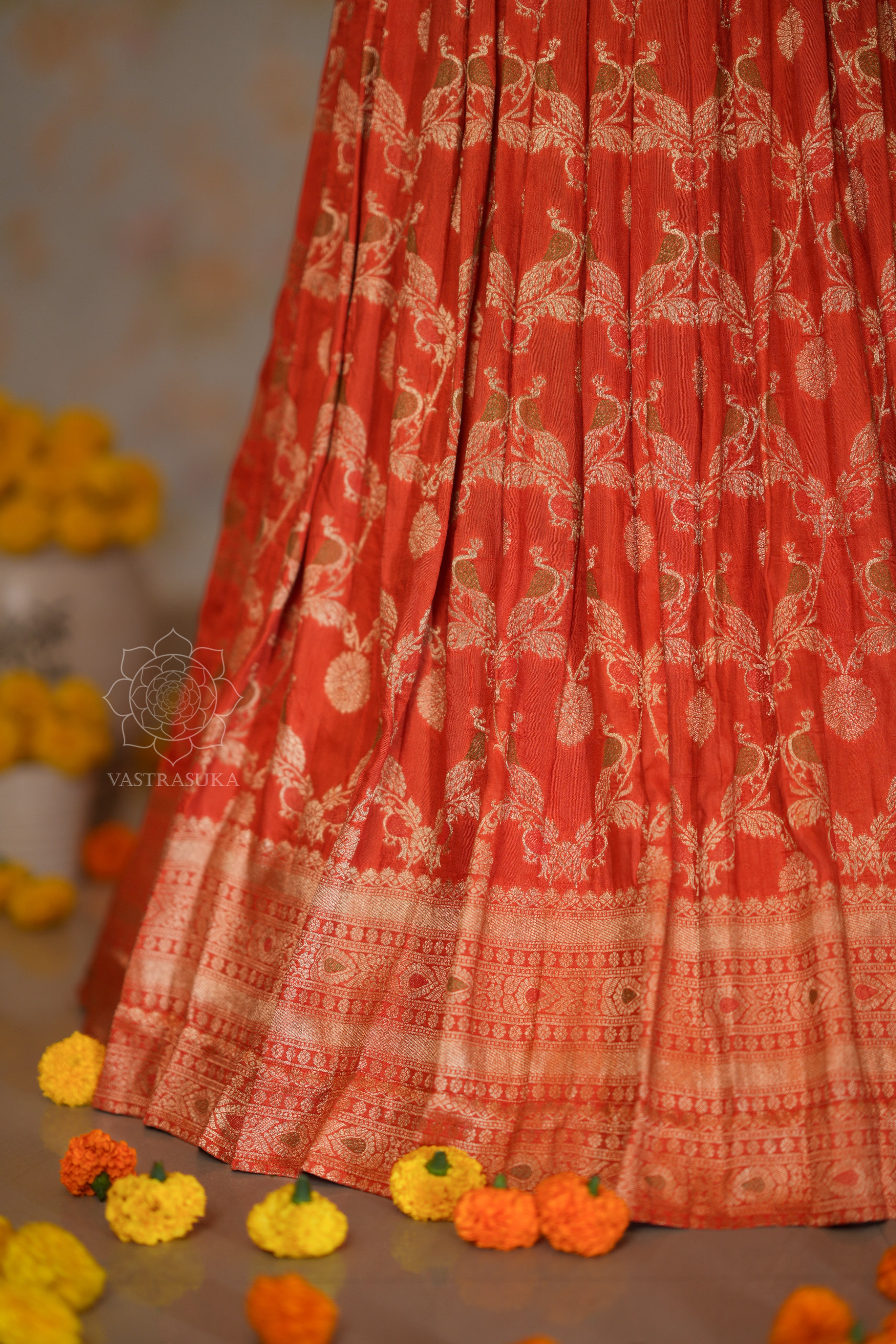 Orange Zari Weaved Half Saree