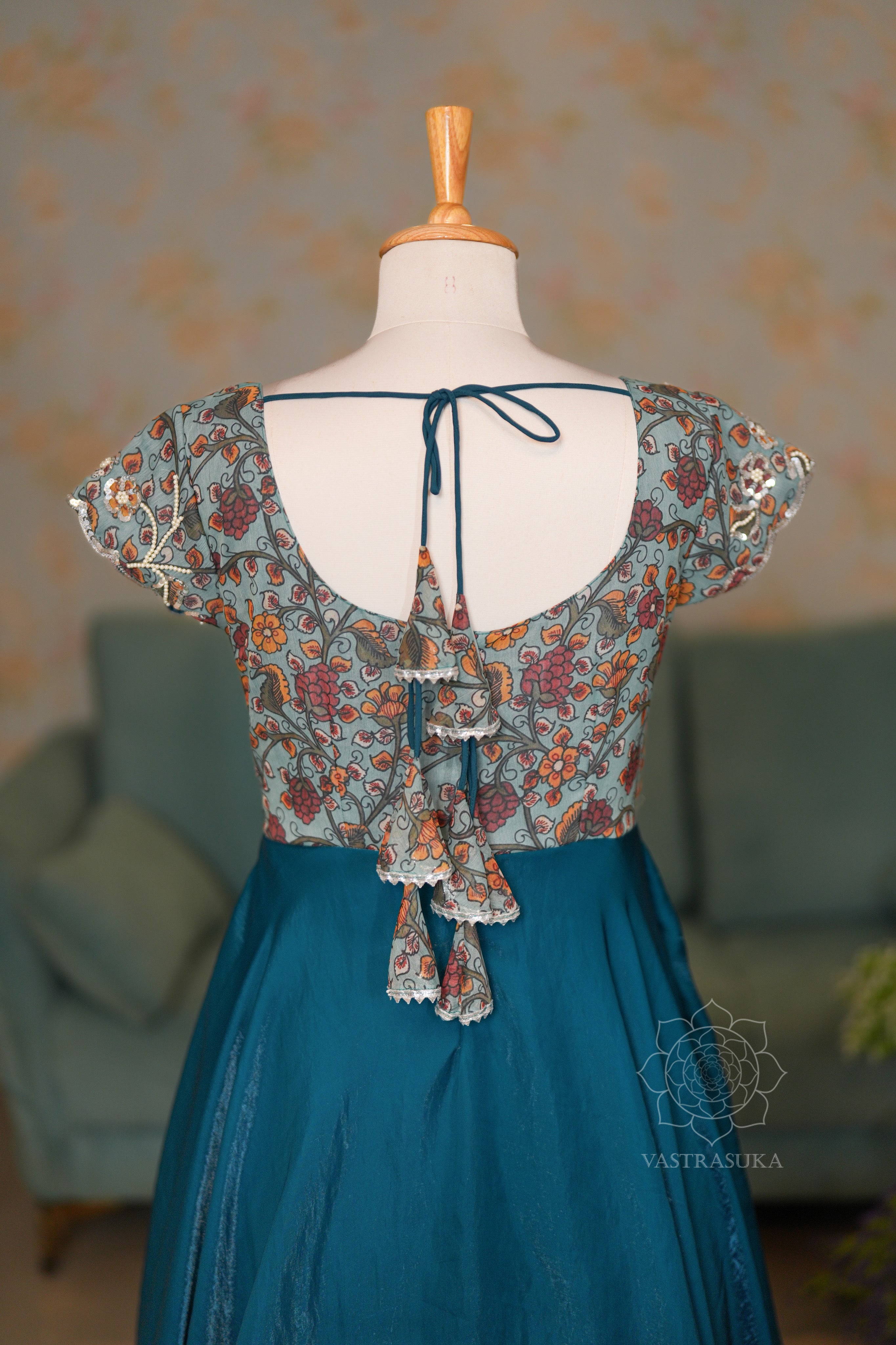 Teal blue kalamkari Long Dress Set