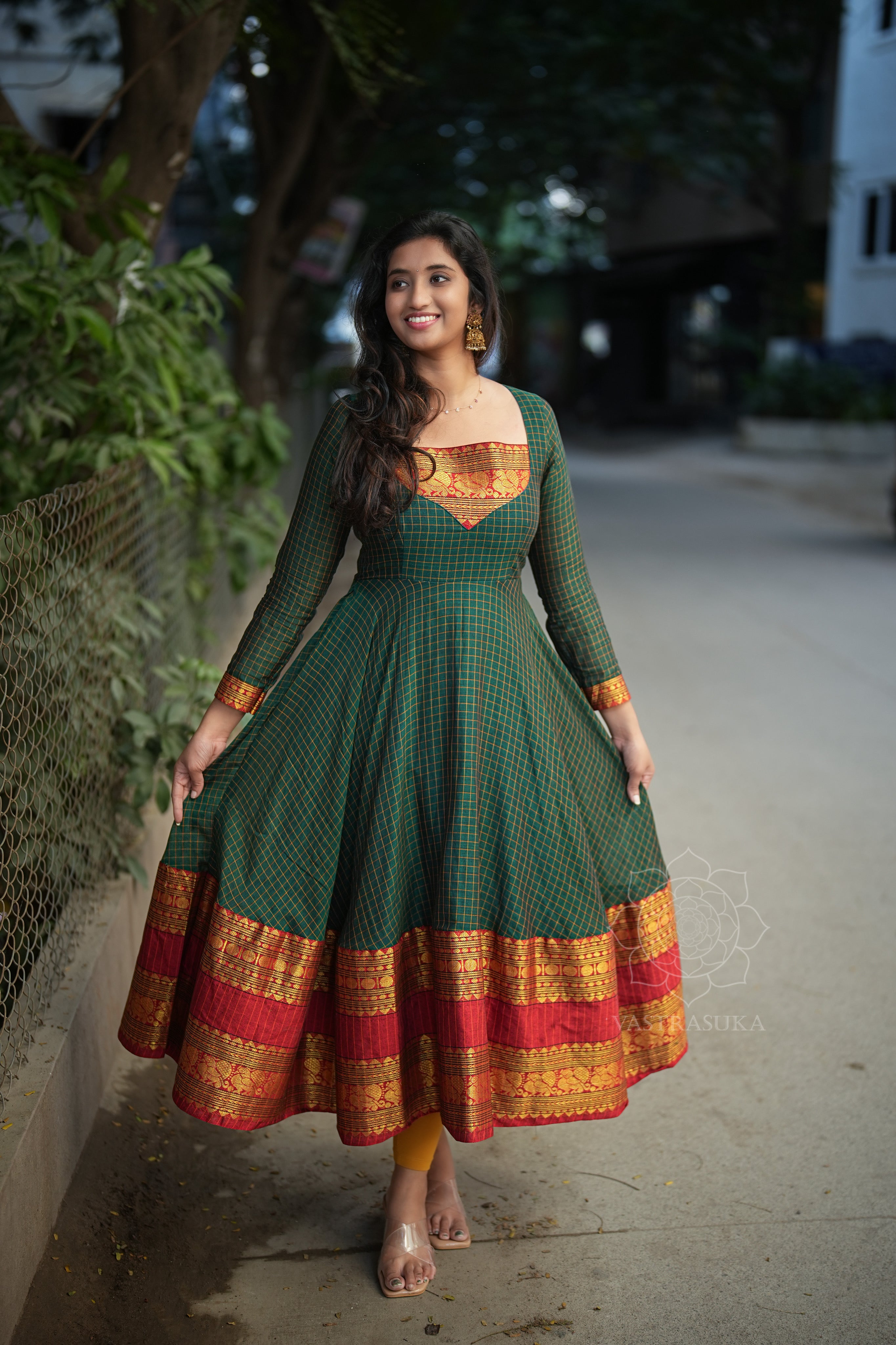 Bottle green checks Anarkali handloom