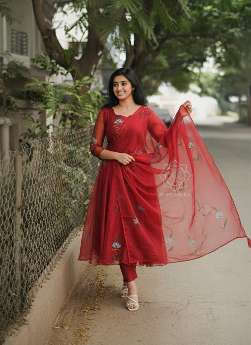 Maroon Red Hand Painted Anarkali