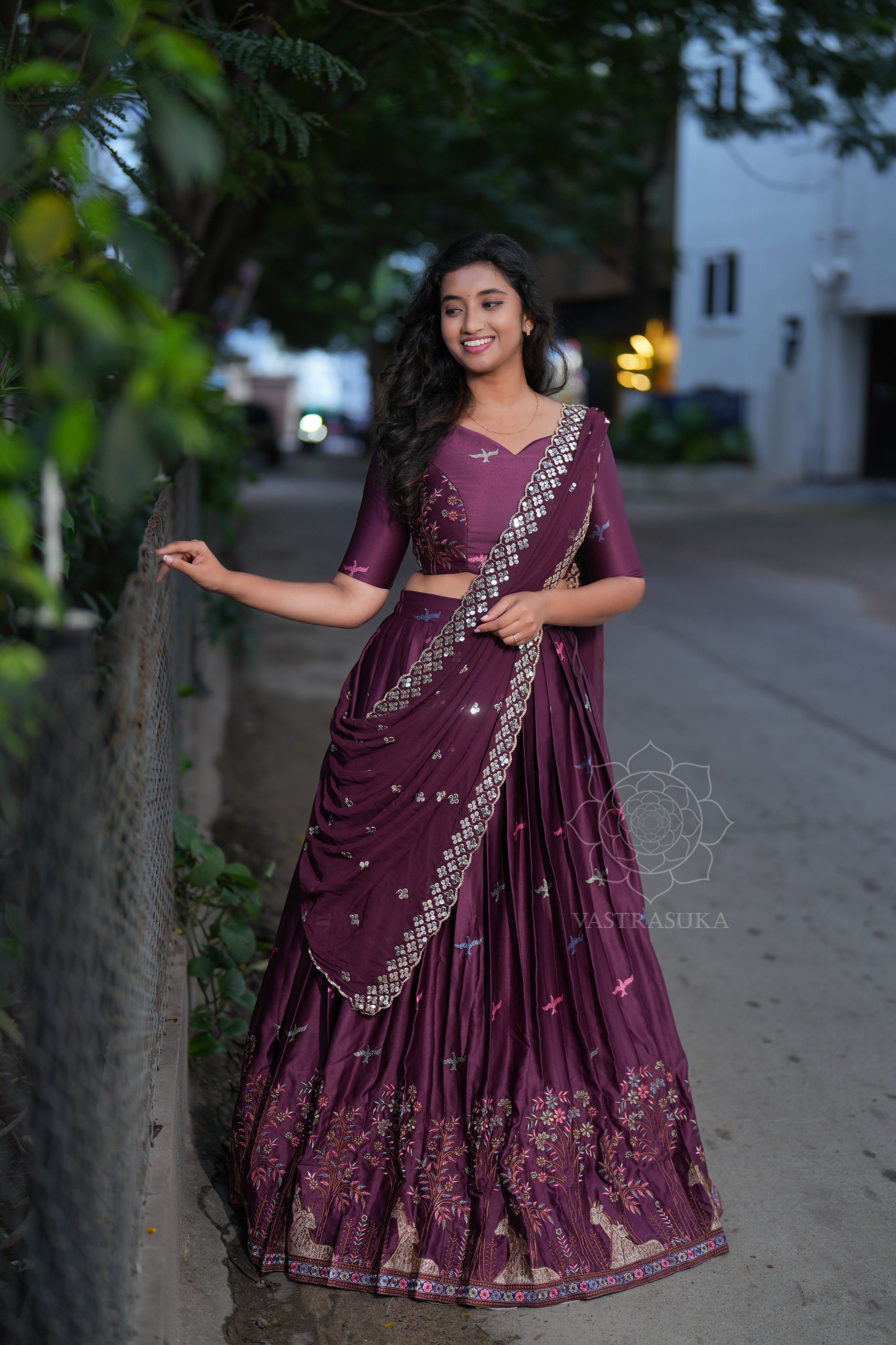 Wine emroidery lehanga set
