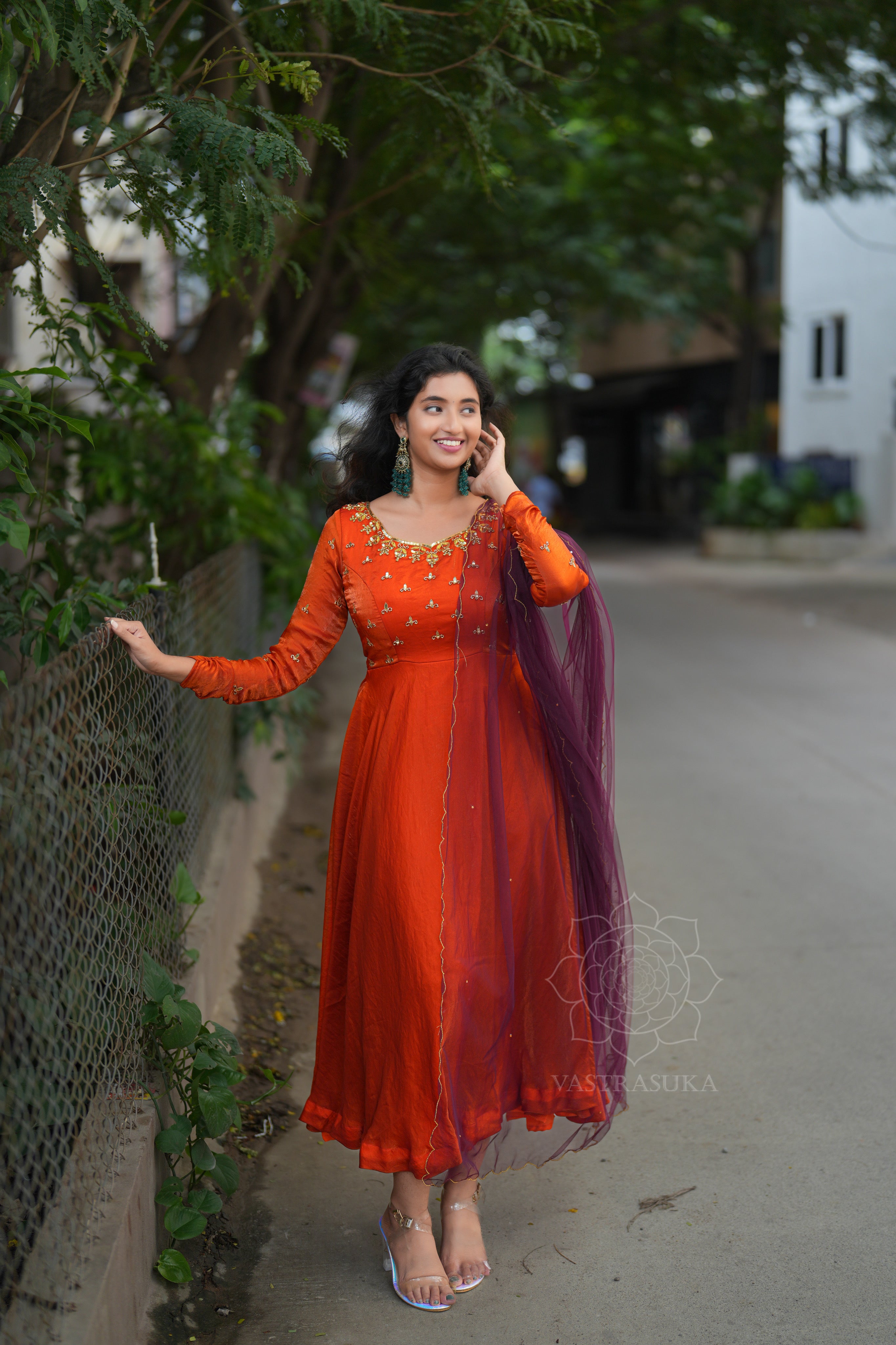Rust orange space silk Anarkali
