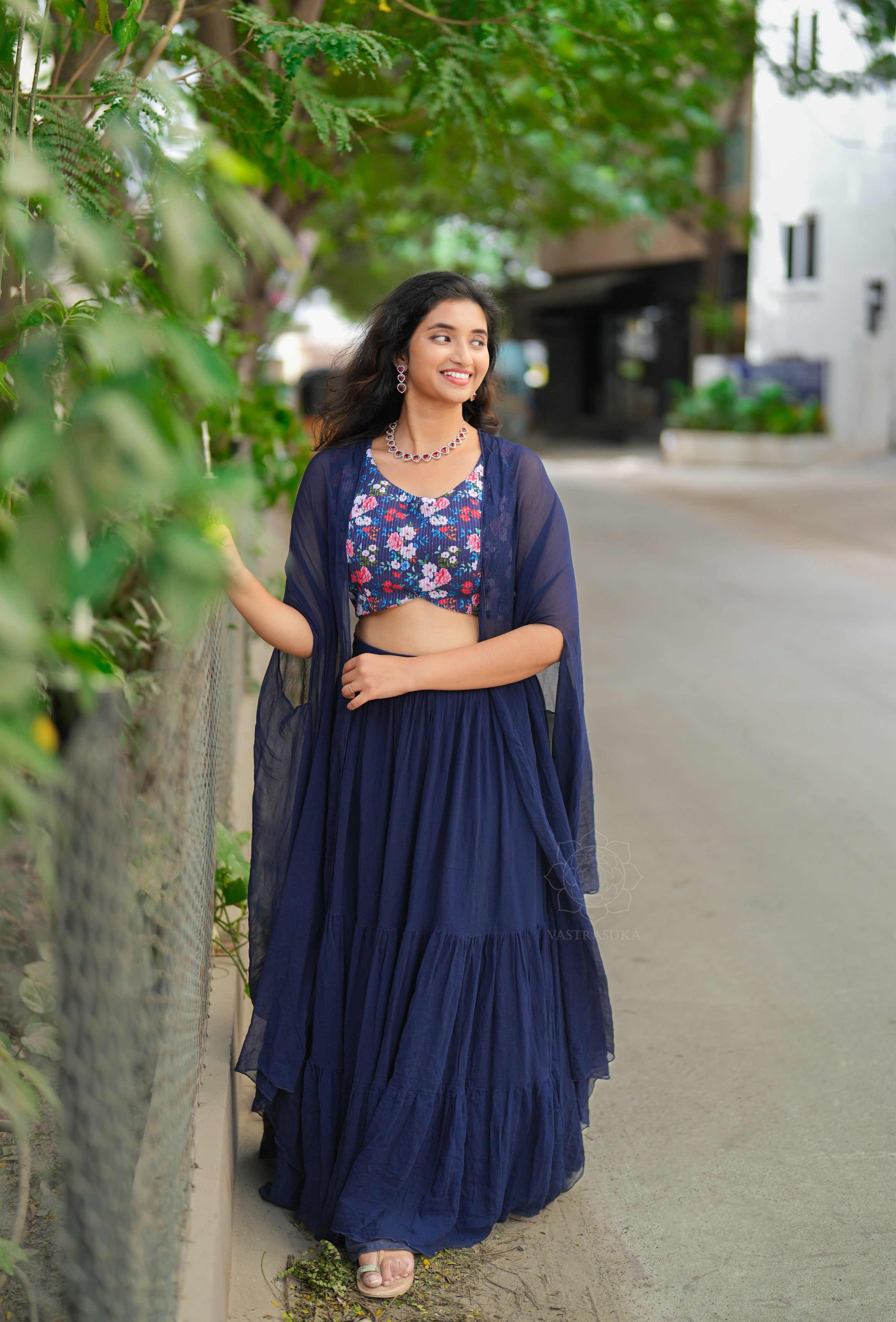 Navy blue layered Lehanga crop top