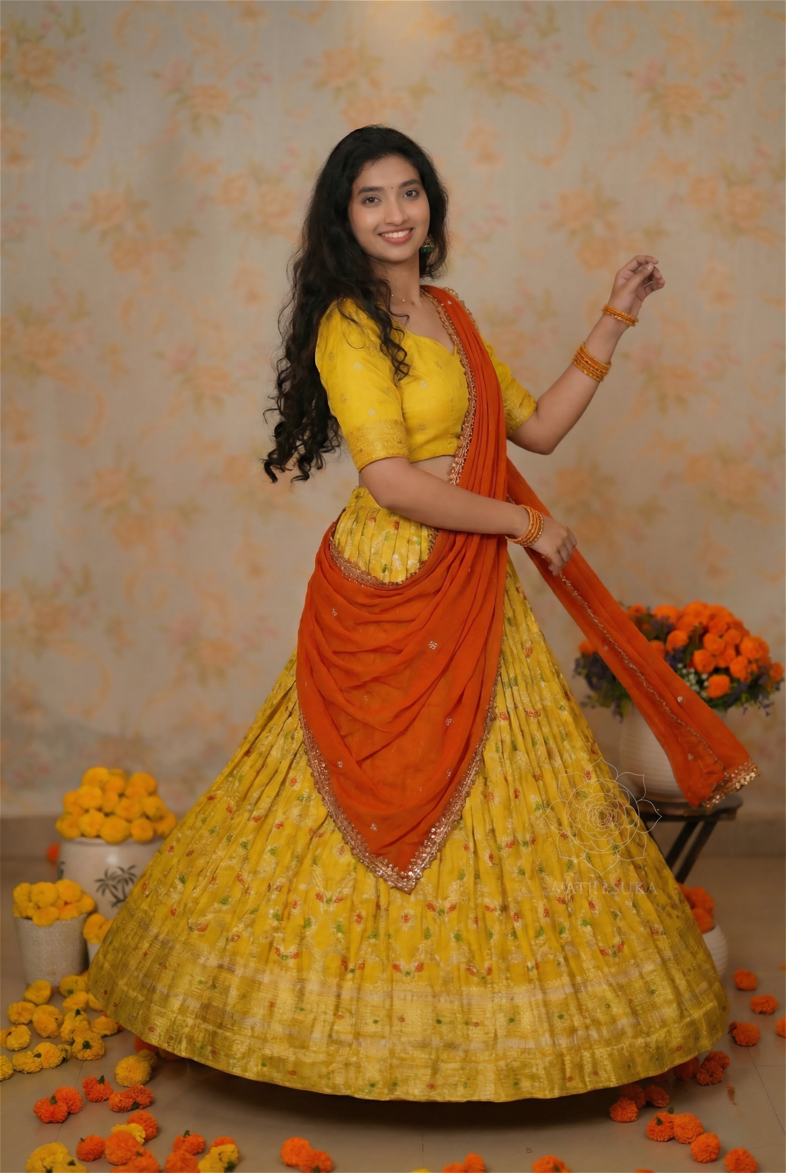 Yellow Zari Weaved Half Saree