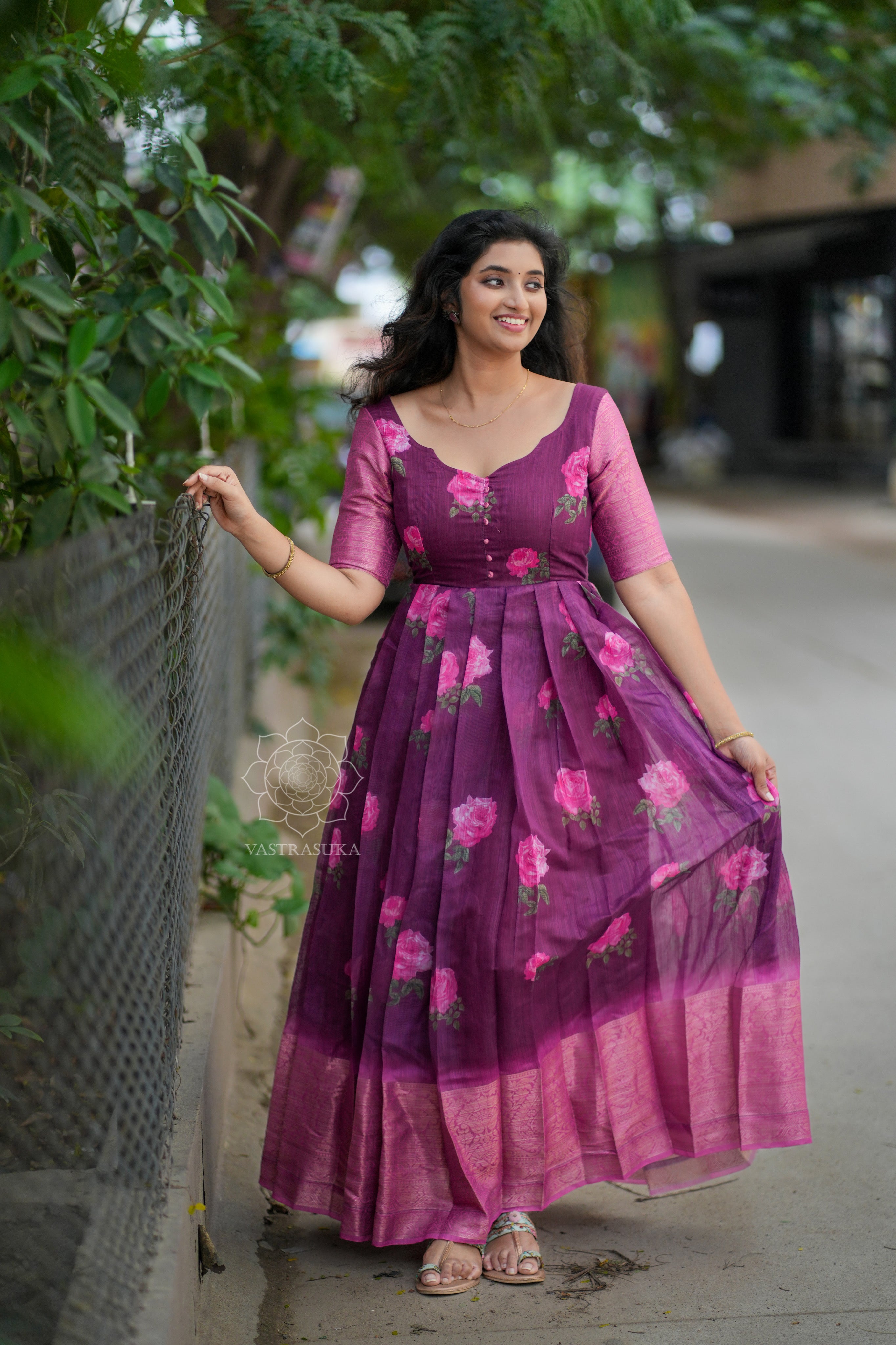 Wine red cotton Kanchi floral long dress