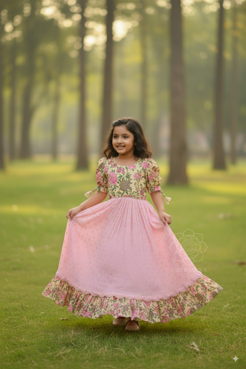 Baby Pink Patterned Long Kids Dress