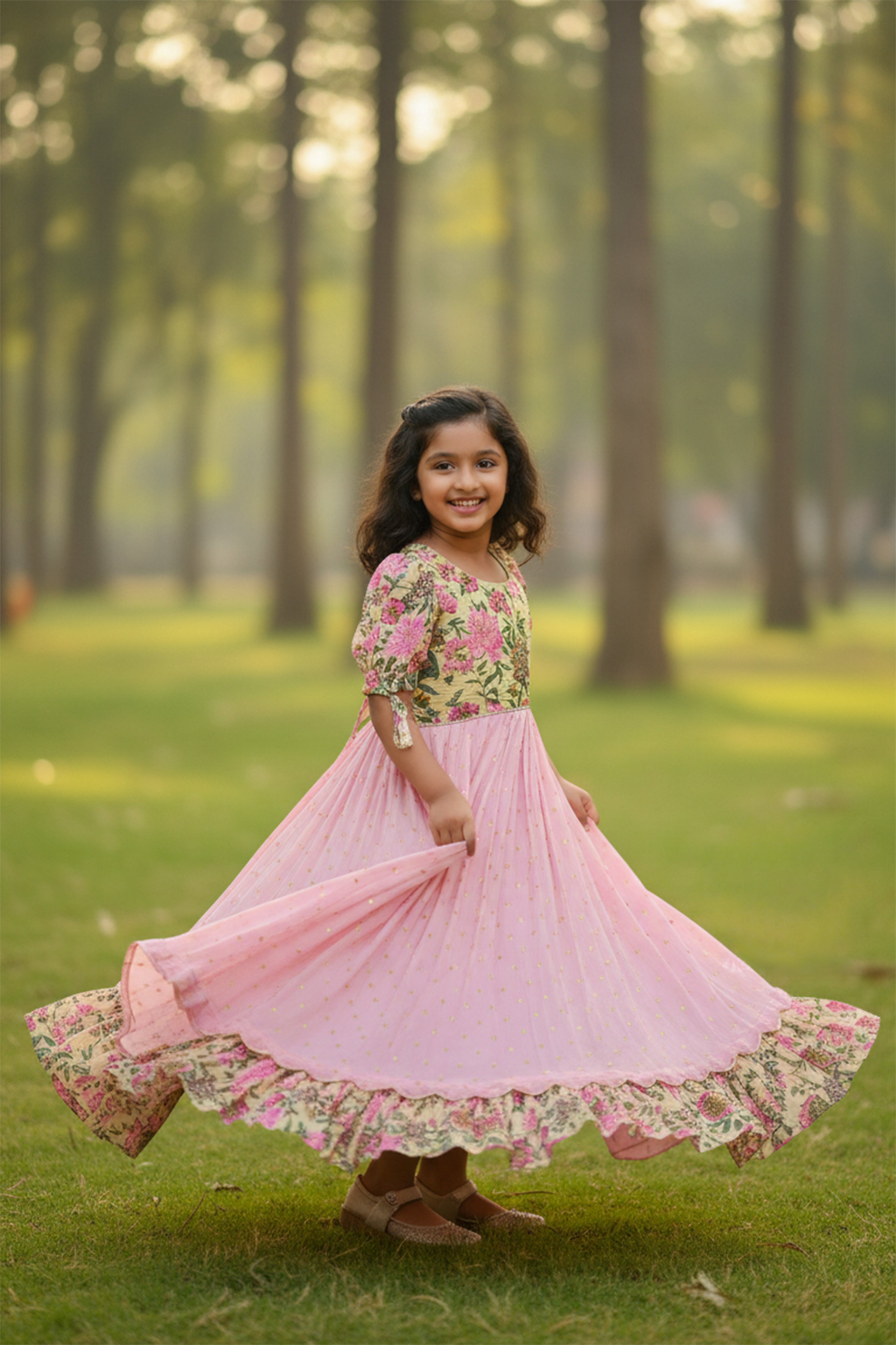Baby Pink Patterned Long Kids Dress