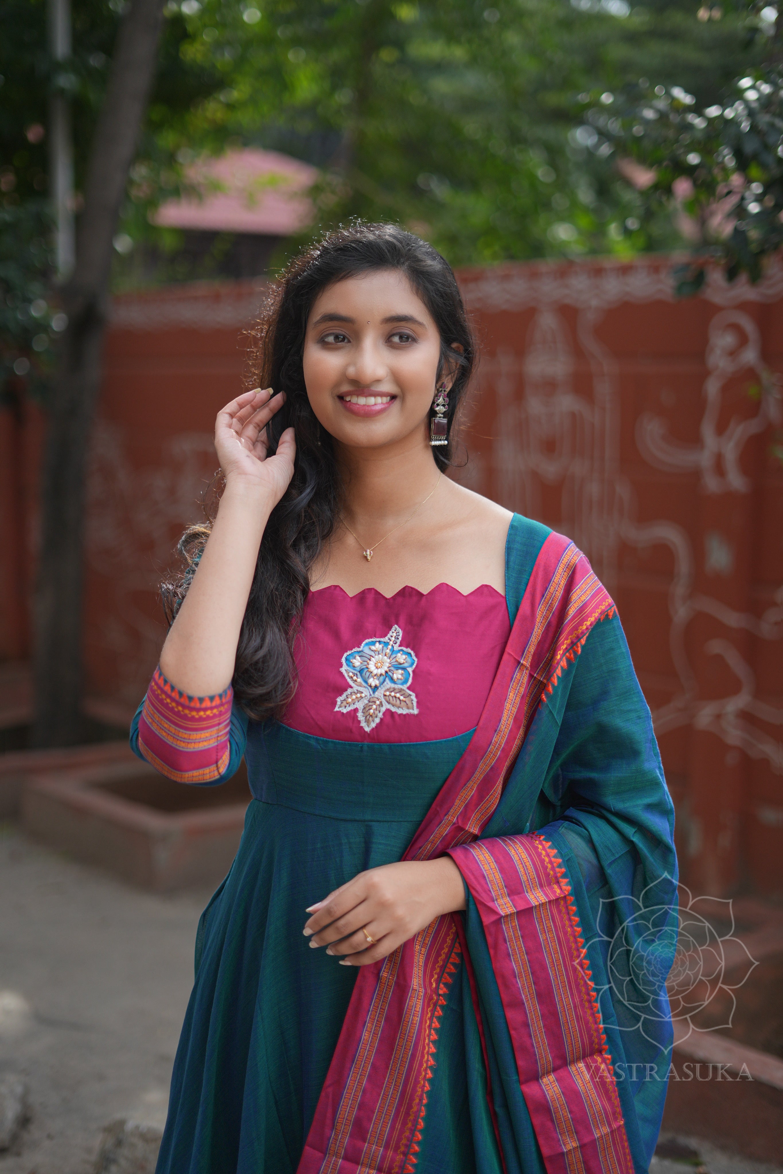 Teal blue handloom Anarkali