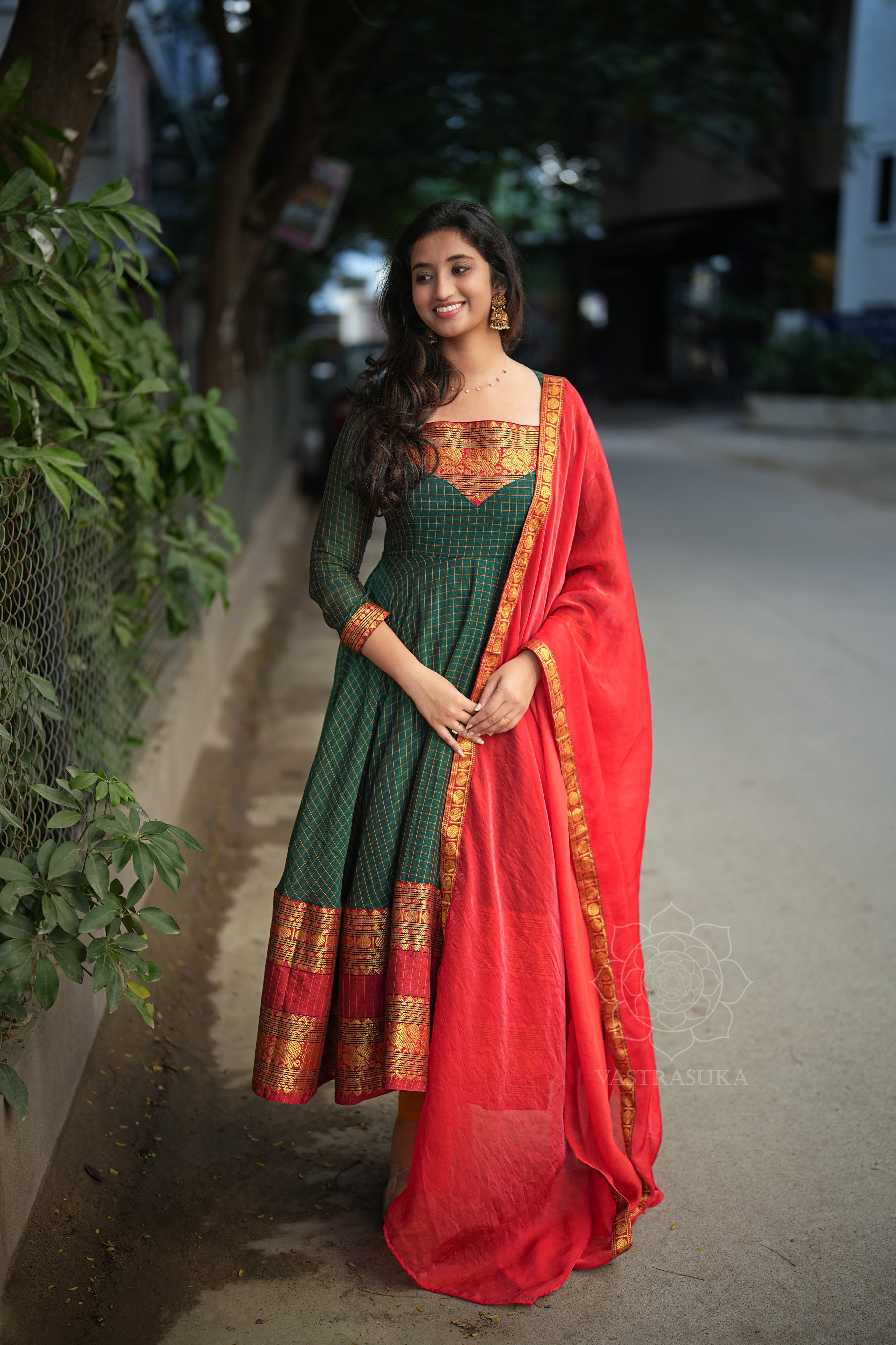 Bottle green checks Anarkali handloom