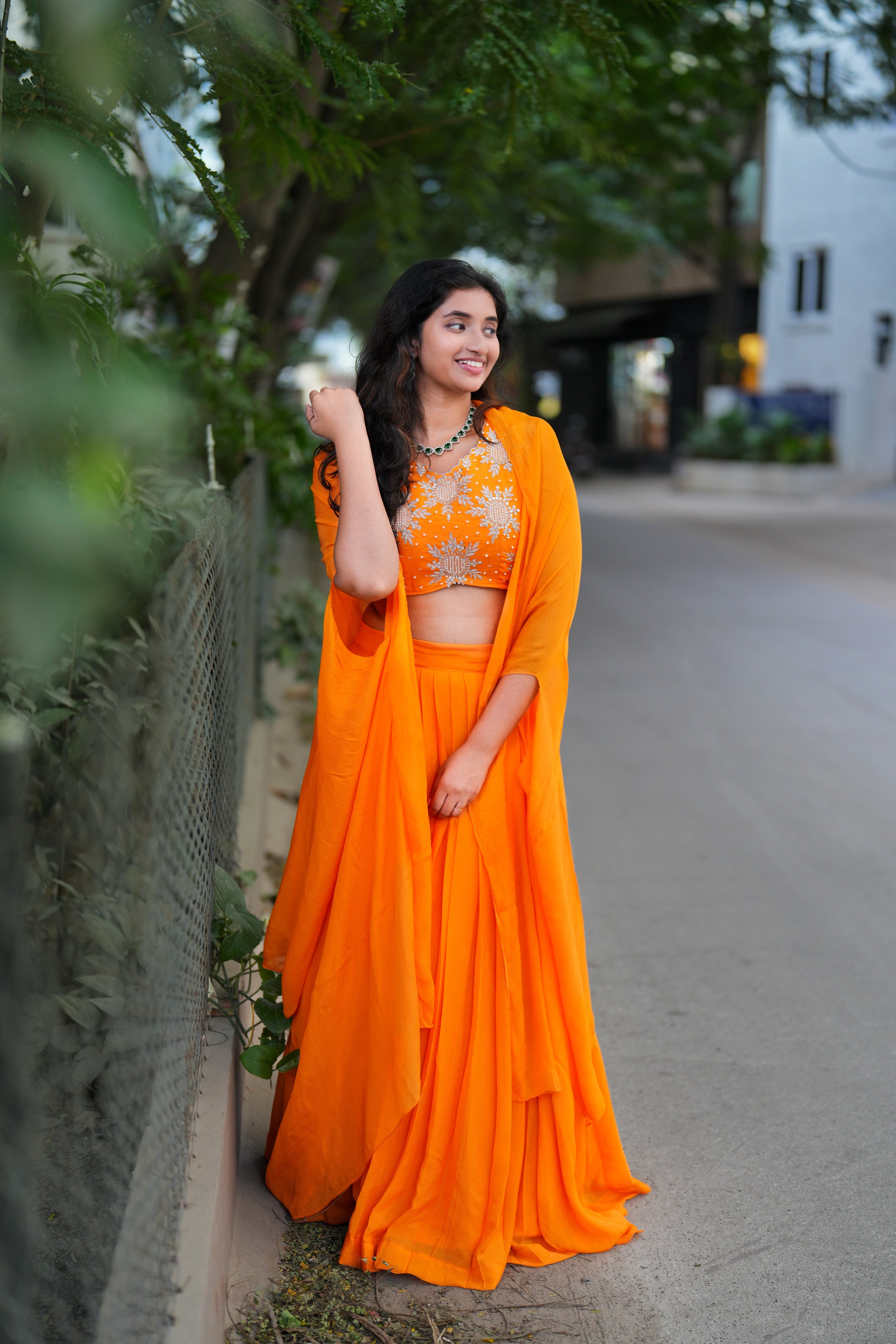 Orange pleated lehenga crop top