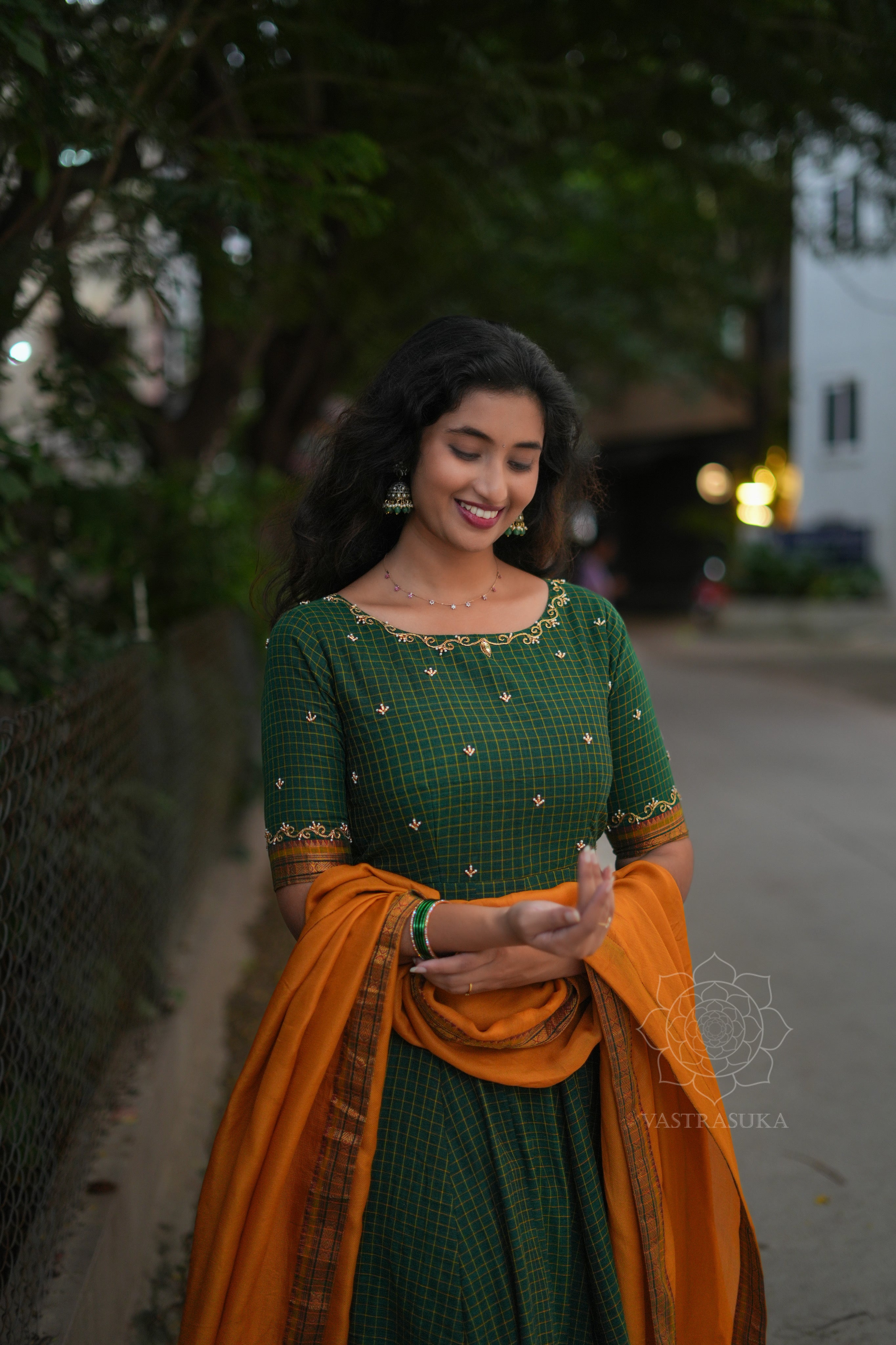 Green checks Anarkali handlooom