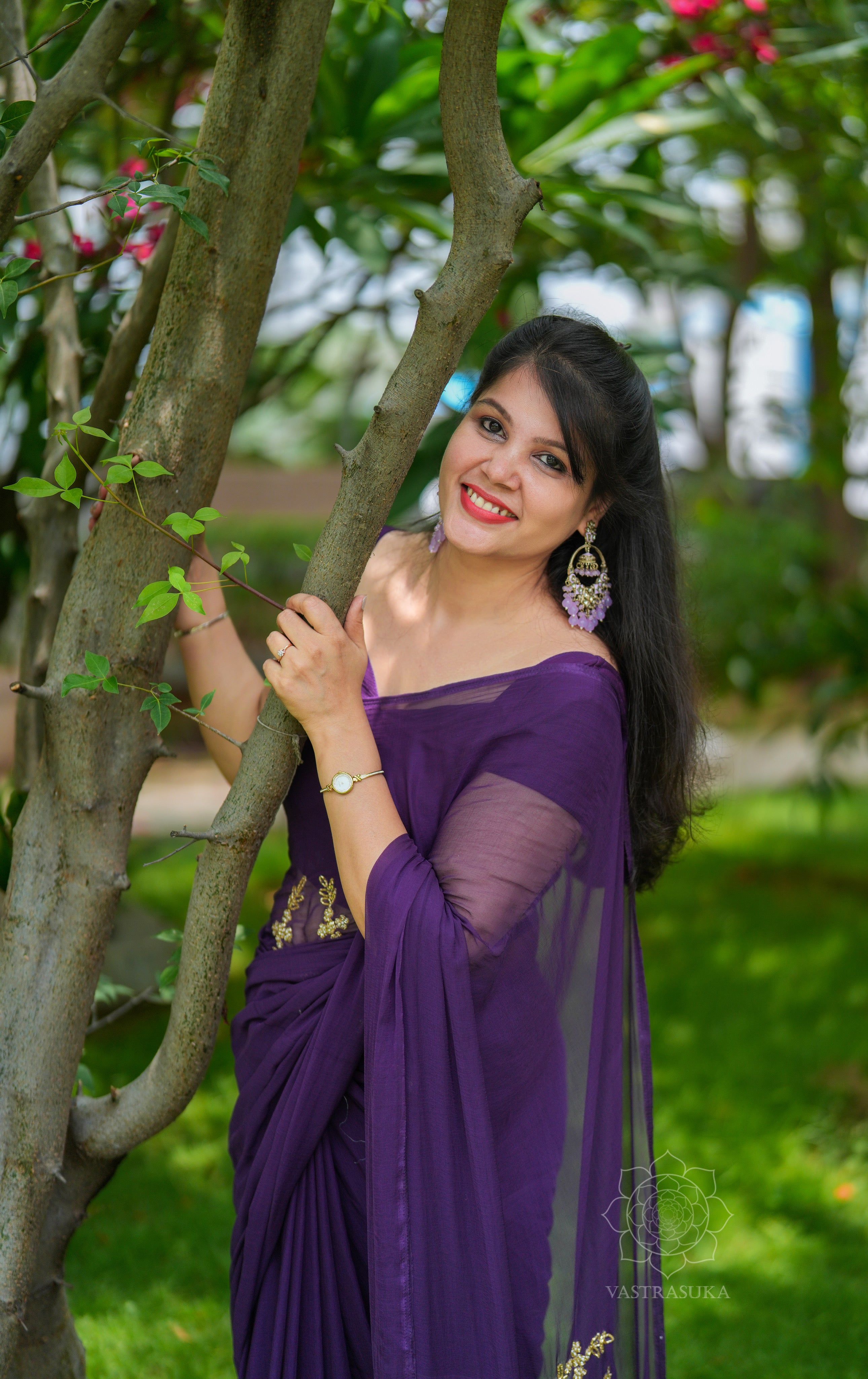 Purple hand emroidery chiffon saree