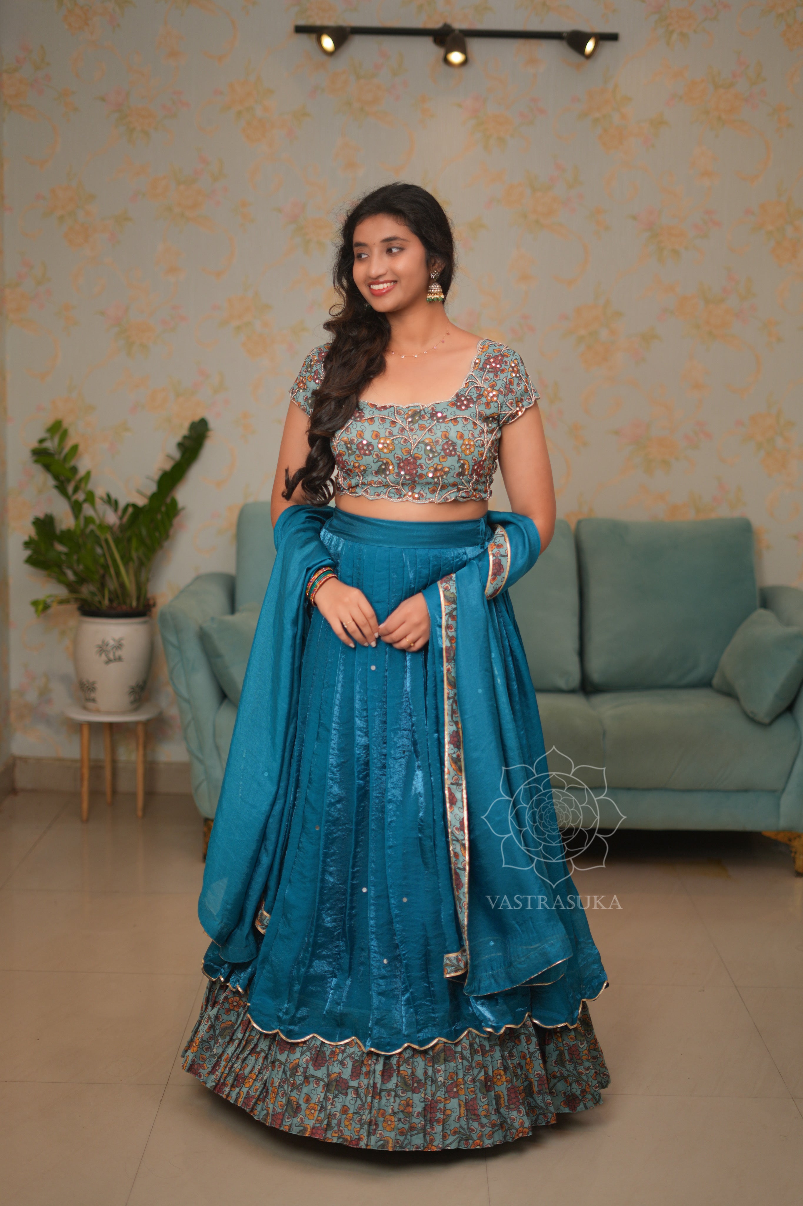 Teal blue kalamkari lehanga set