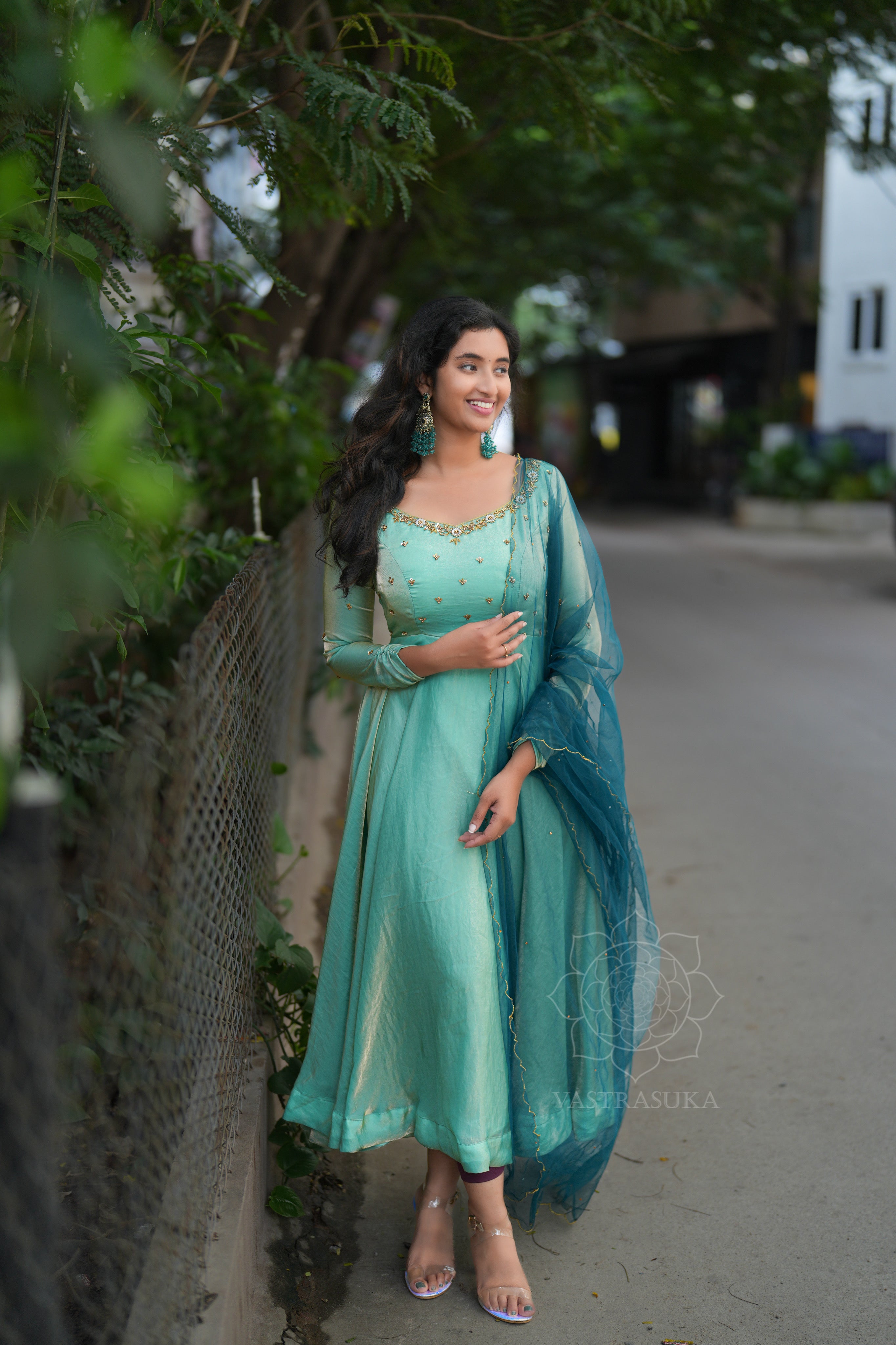 Sea green space silk Anarkali