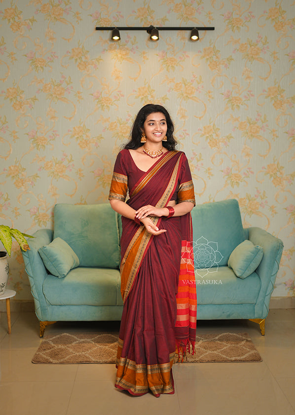 Burgundy Red Narayanpet Saree with Mustard Border