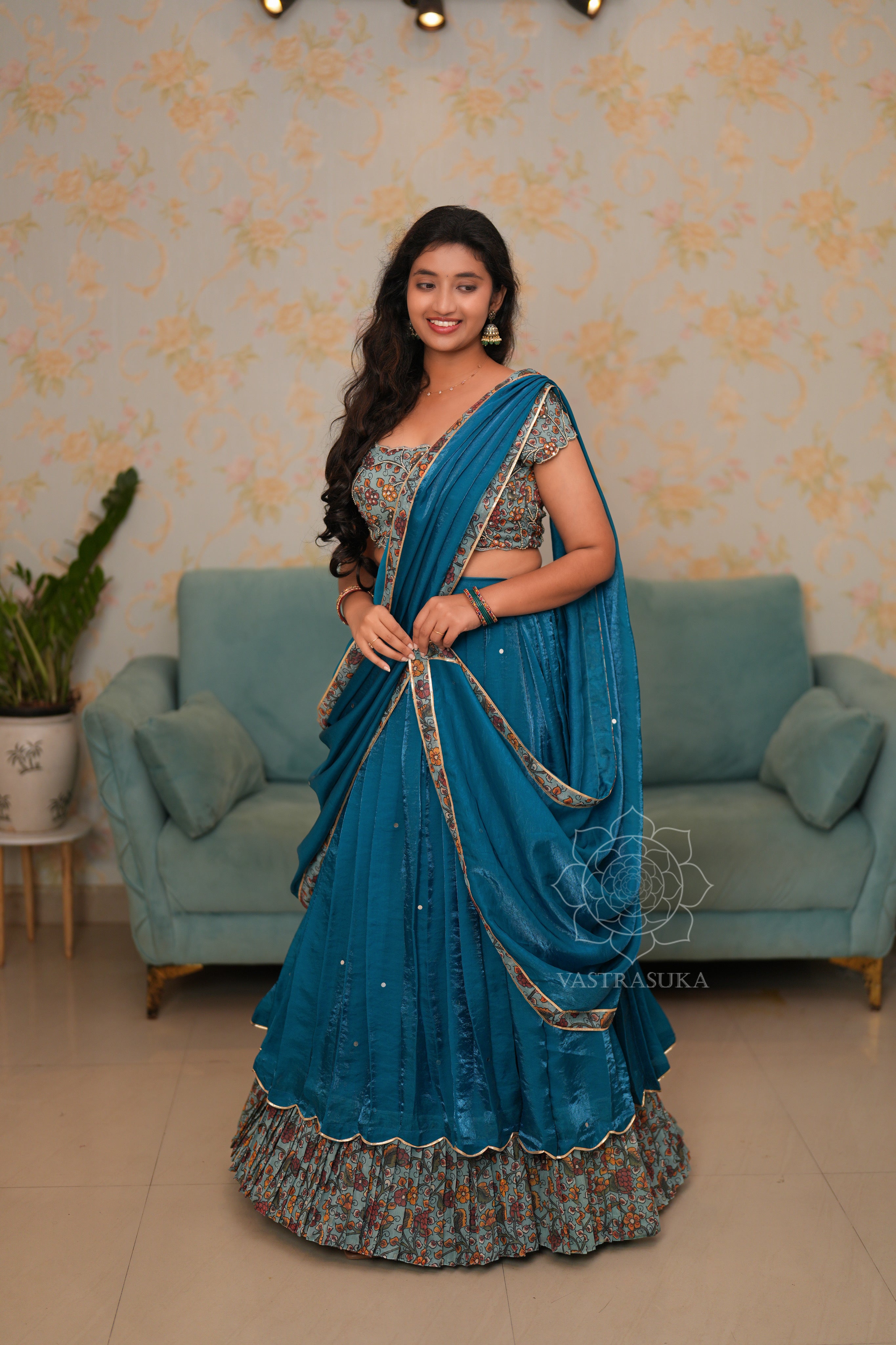 Teal blue kalamkari lehanga set