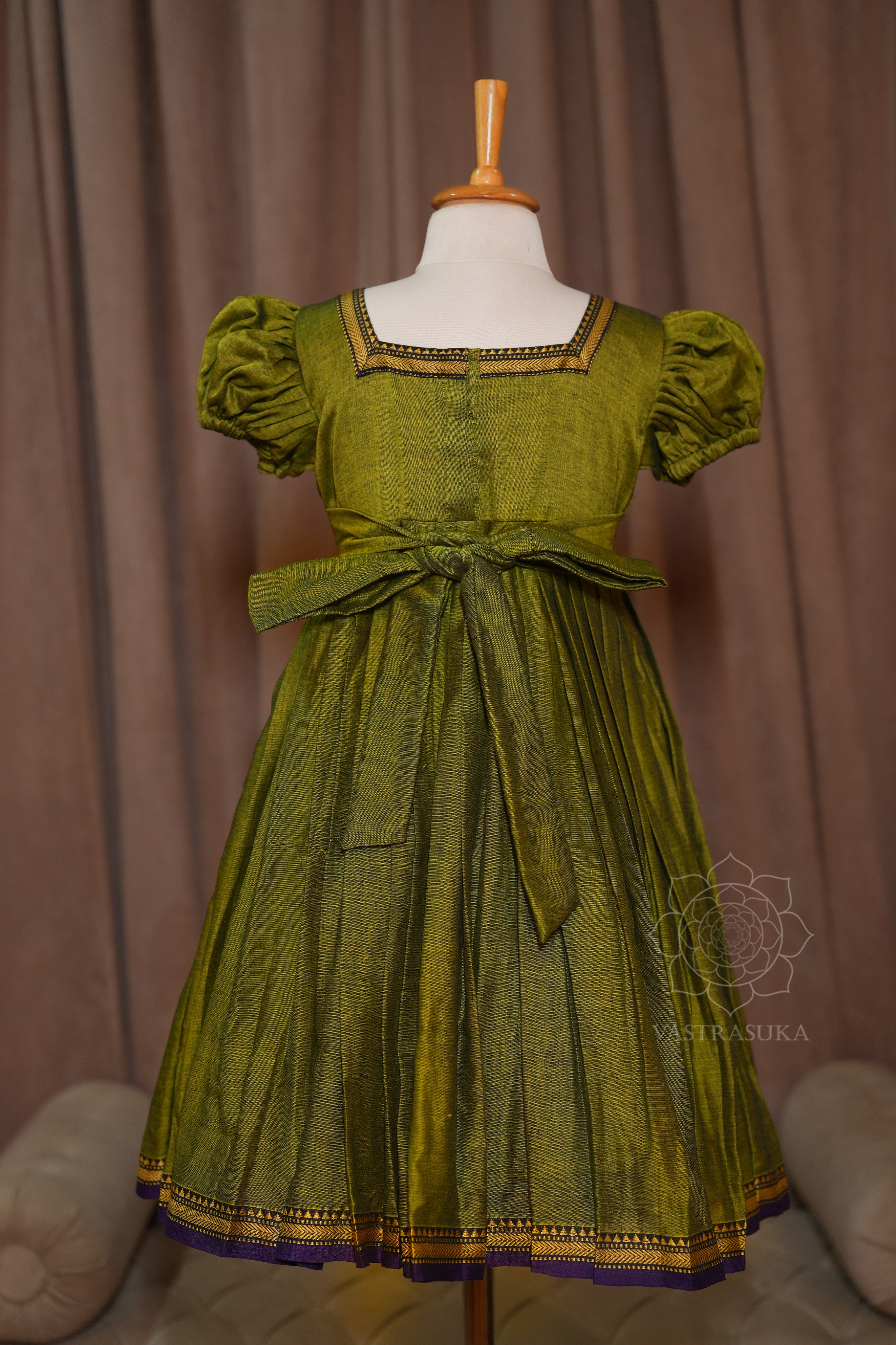 Rust green handloom kids dress