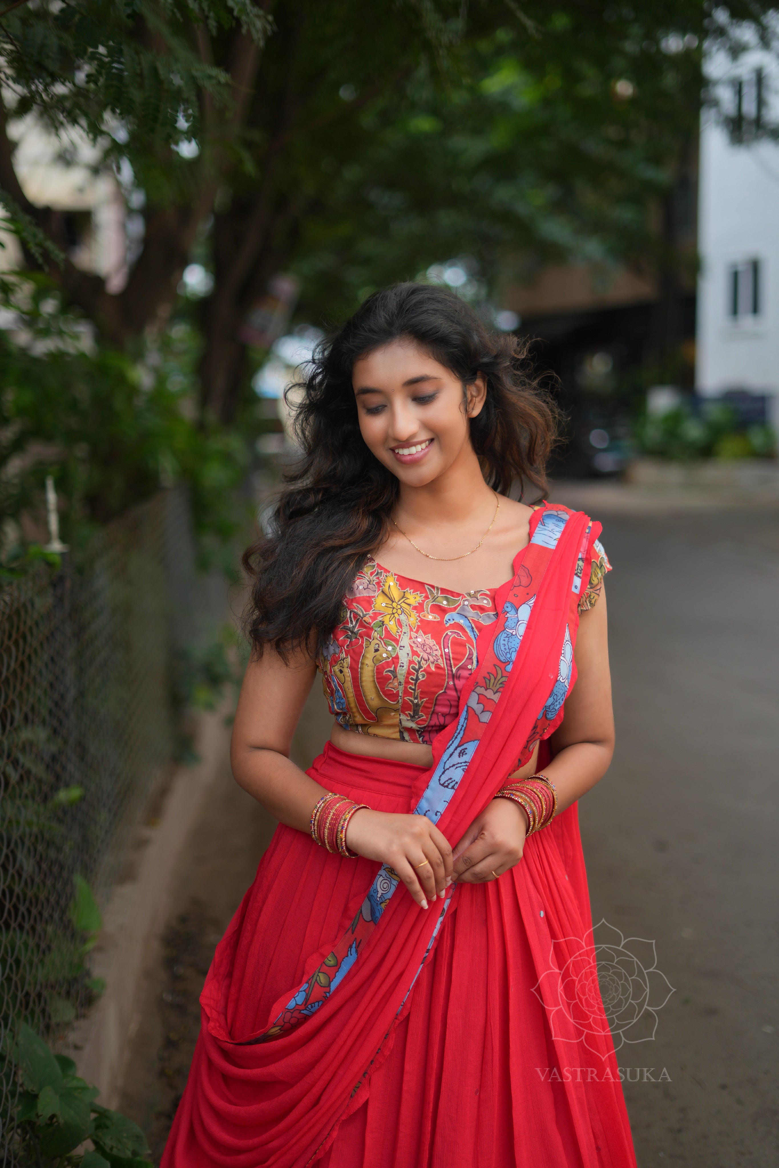 Red kalamkari lehanga set&nbsp;