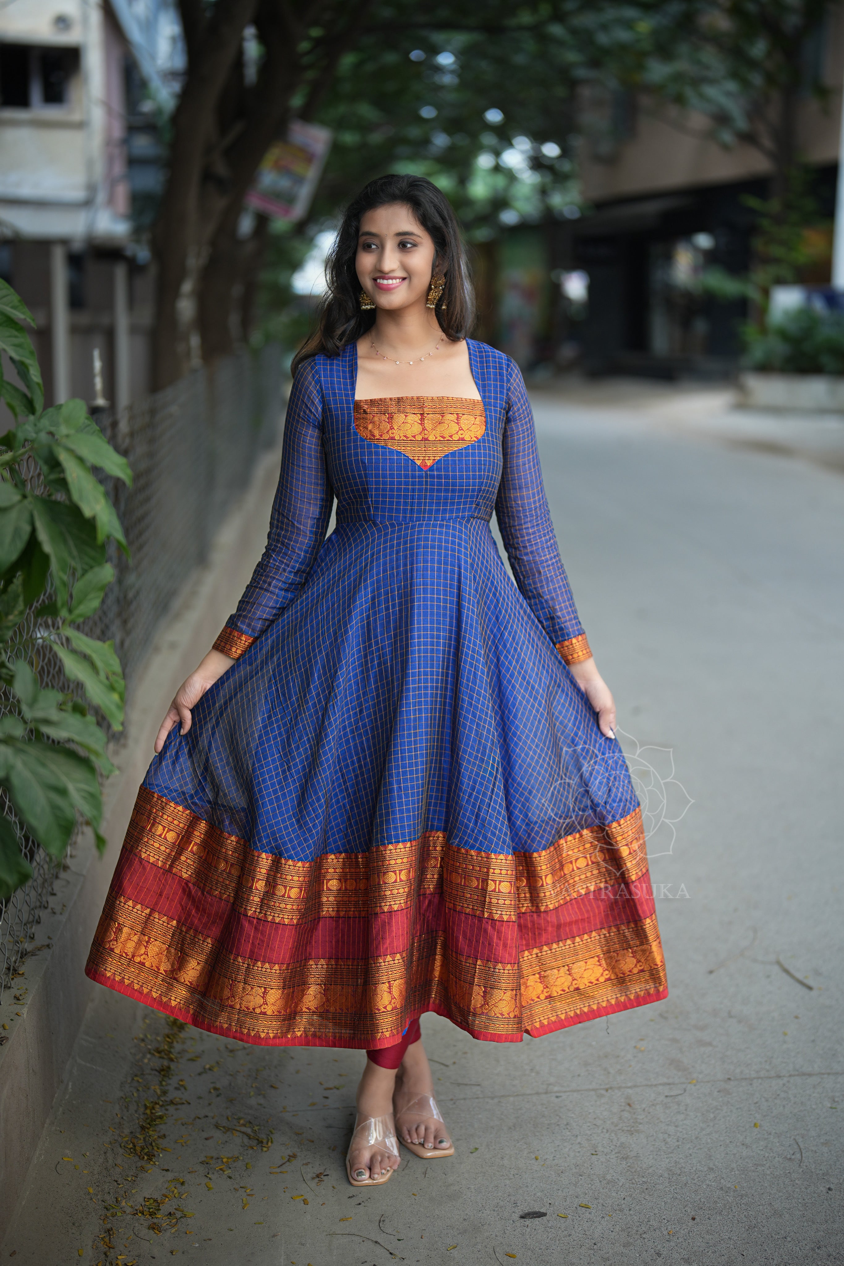 Navyblue checks Anarkali handloom