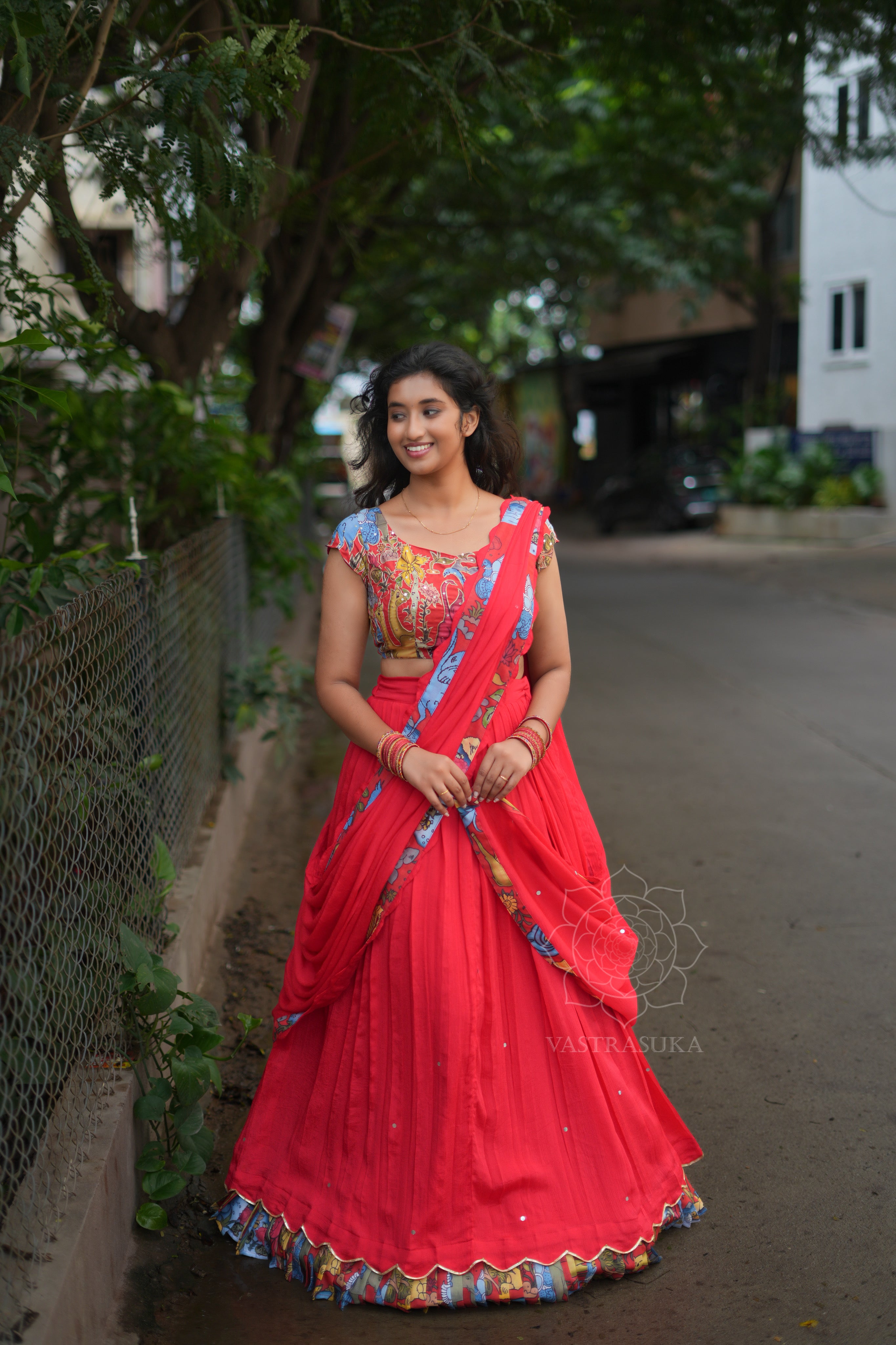 Red kalamkari lehanga set&nbsp;
