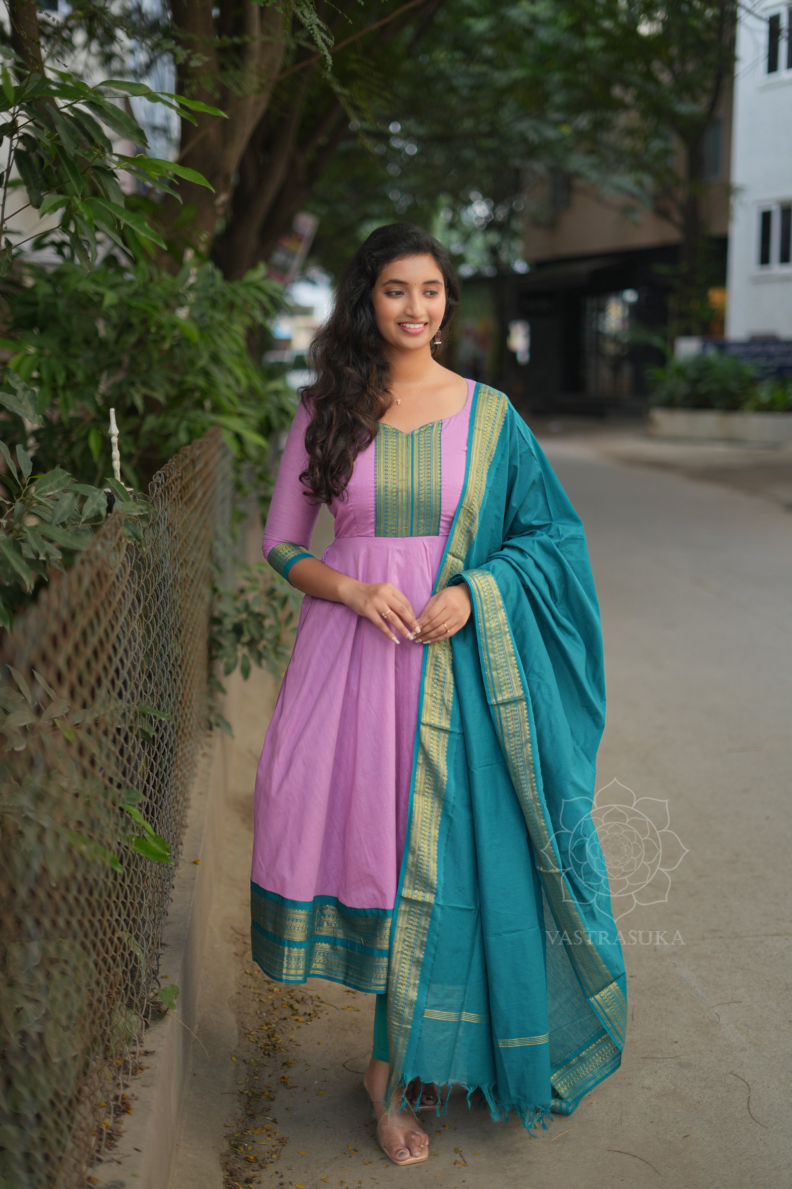 Lavender &amp; teal Kanchi cotton Anarkali