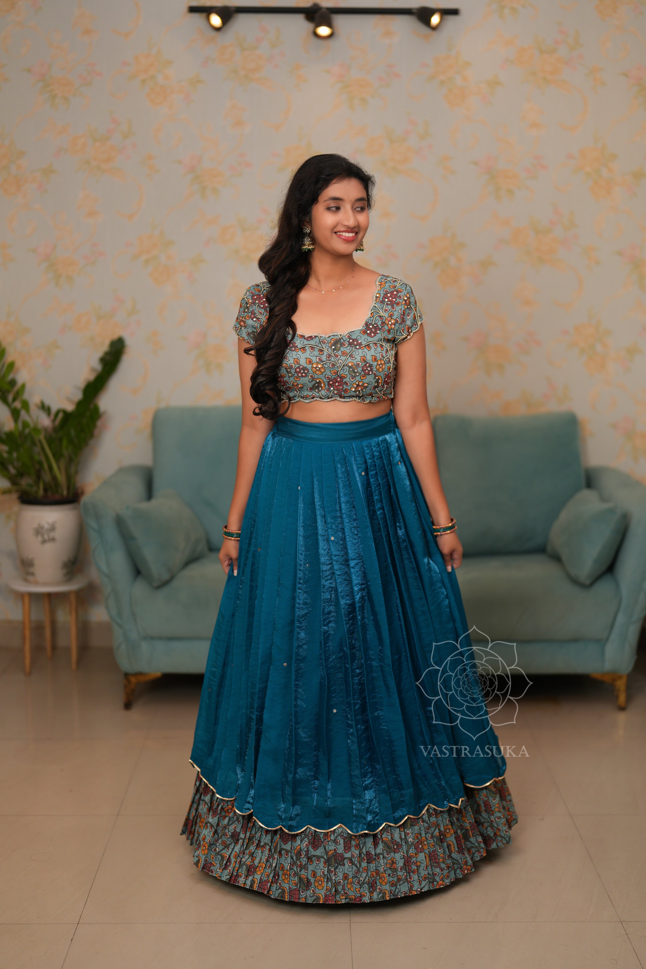 Teal blue kalamkari lehanga set