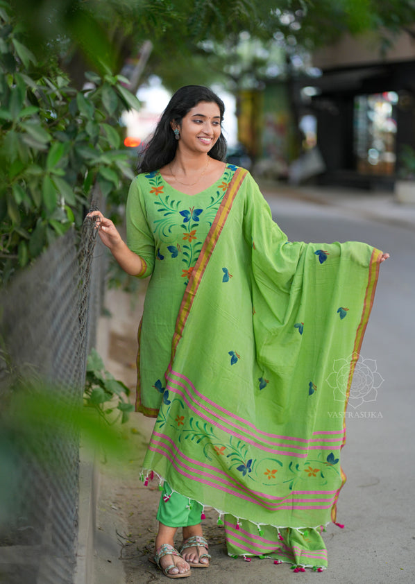 Pista green mul cotton Kurti set