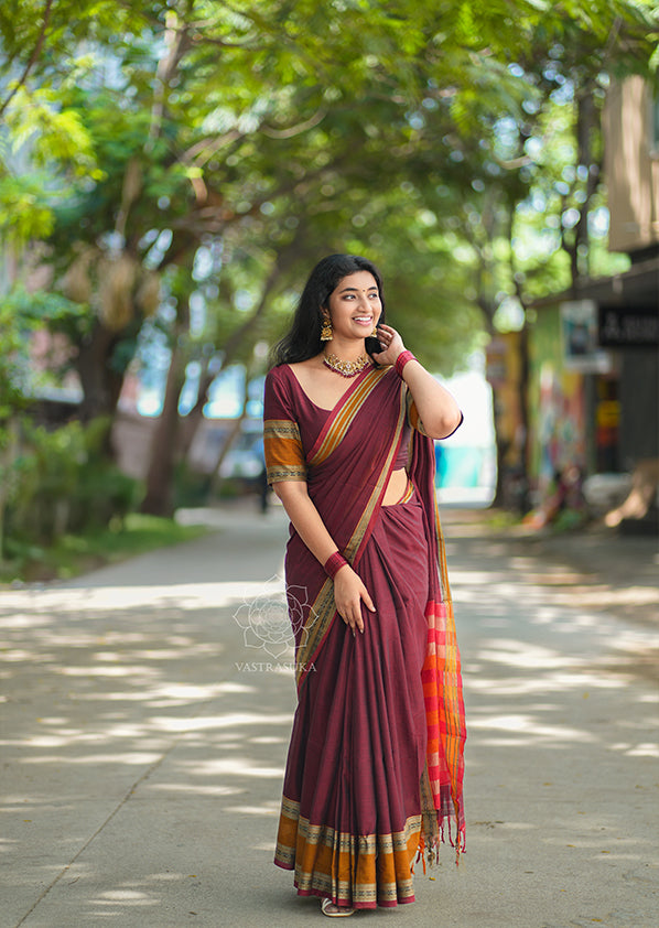 Burgundy Red Narayanpet Saree with Mustard Border