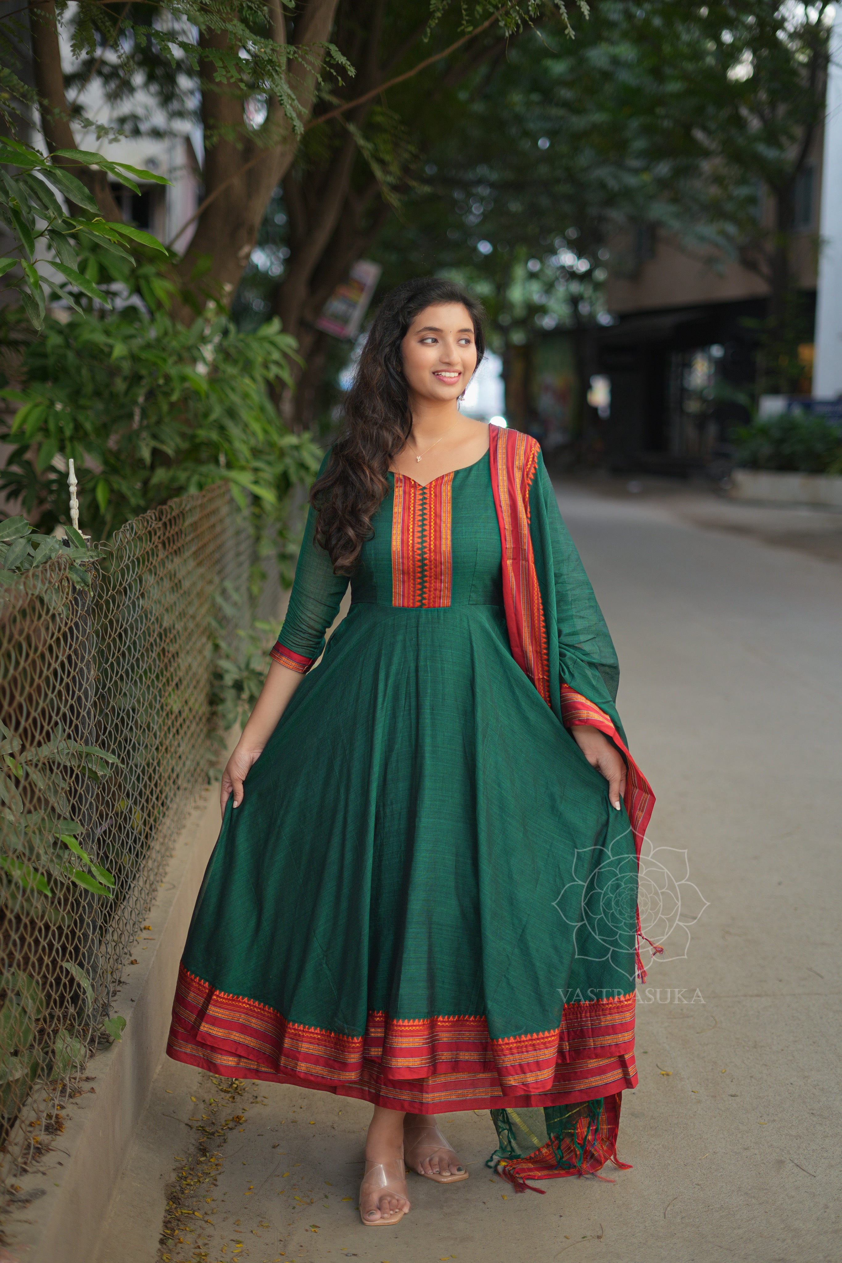 Bottle green handloom Anarkali