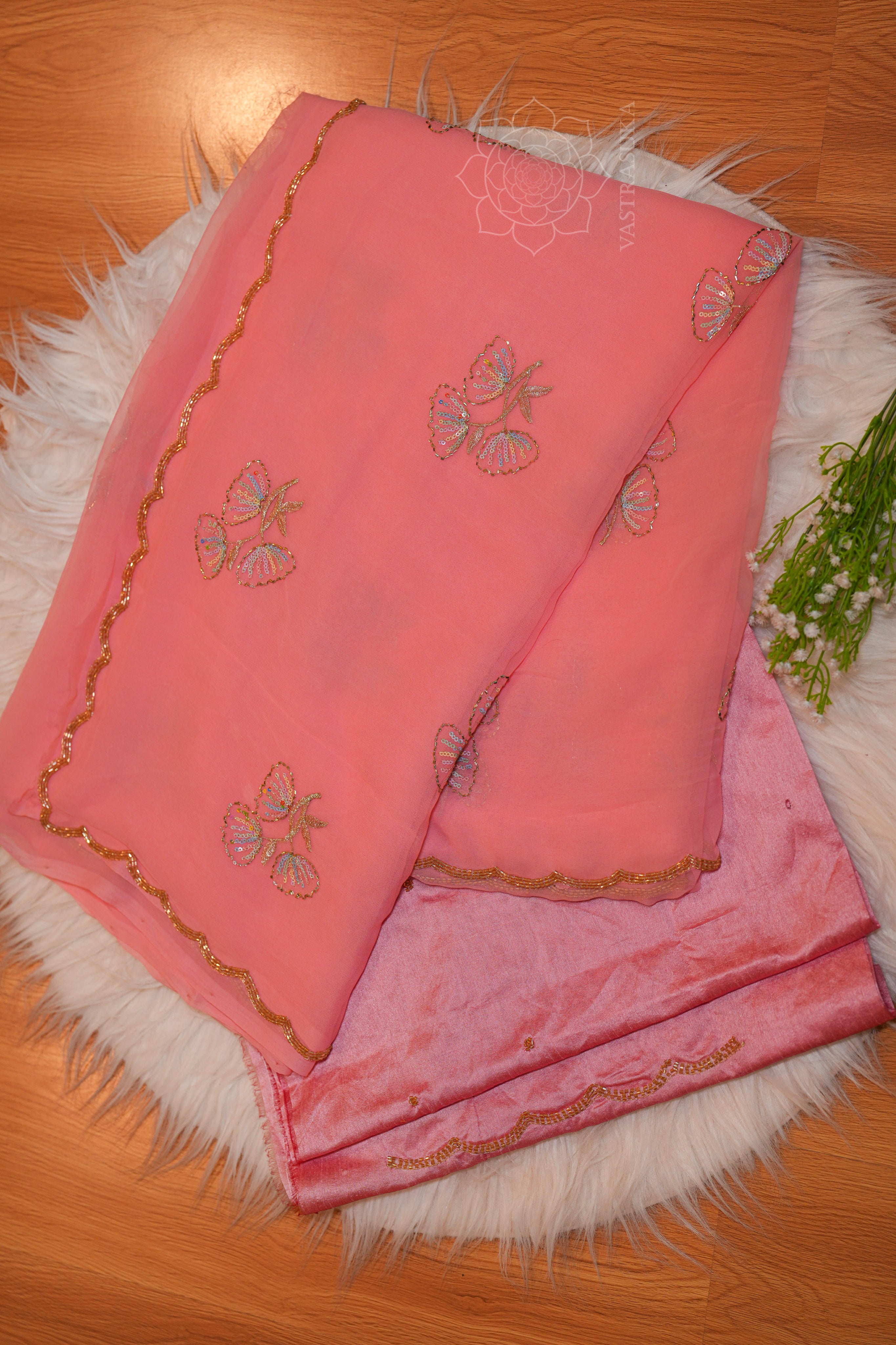 Peach Pink Georgette Handwork Saree