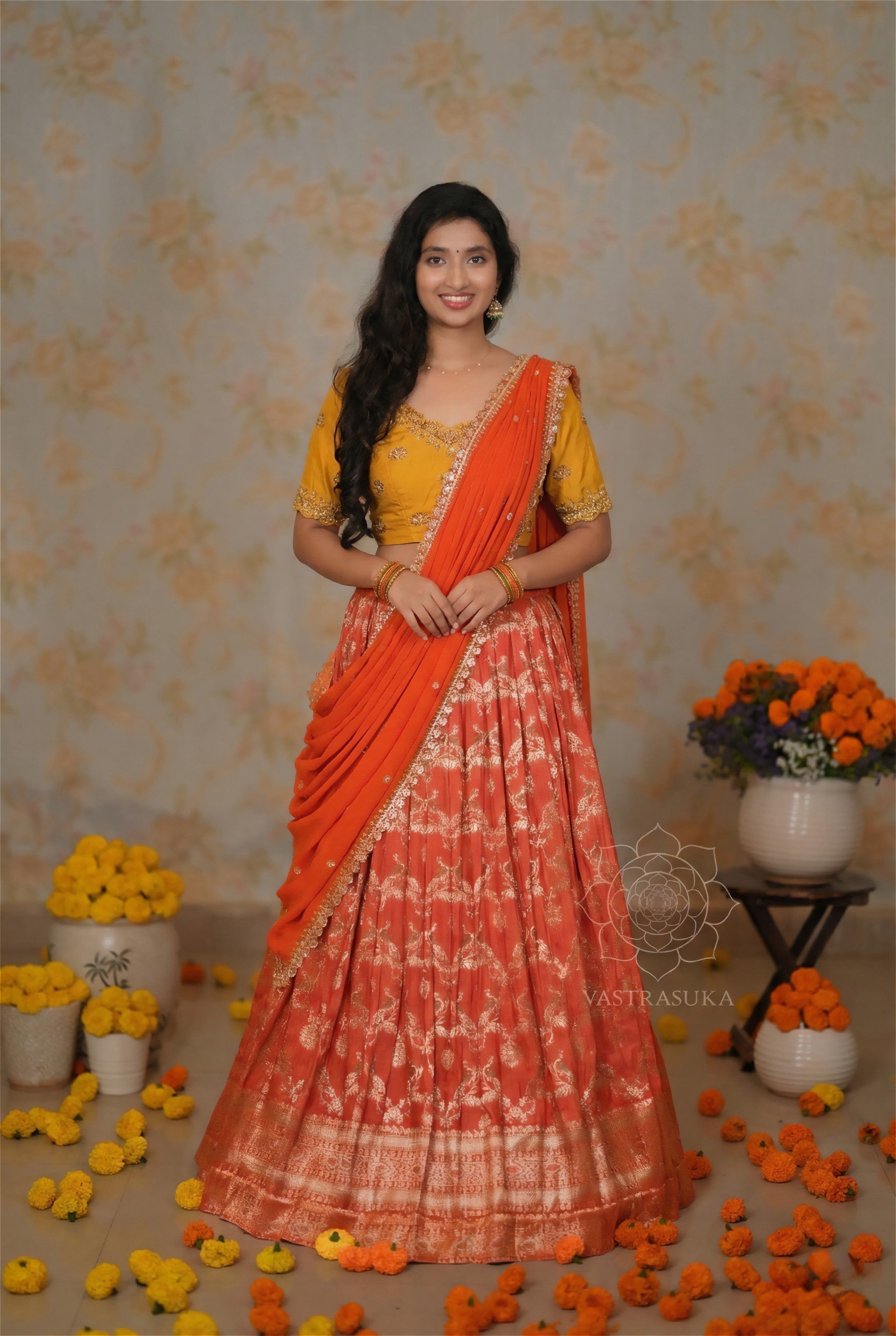 Orange Zari Weaved Half Saree