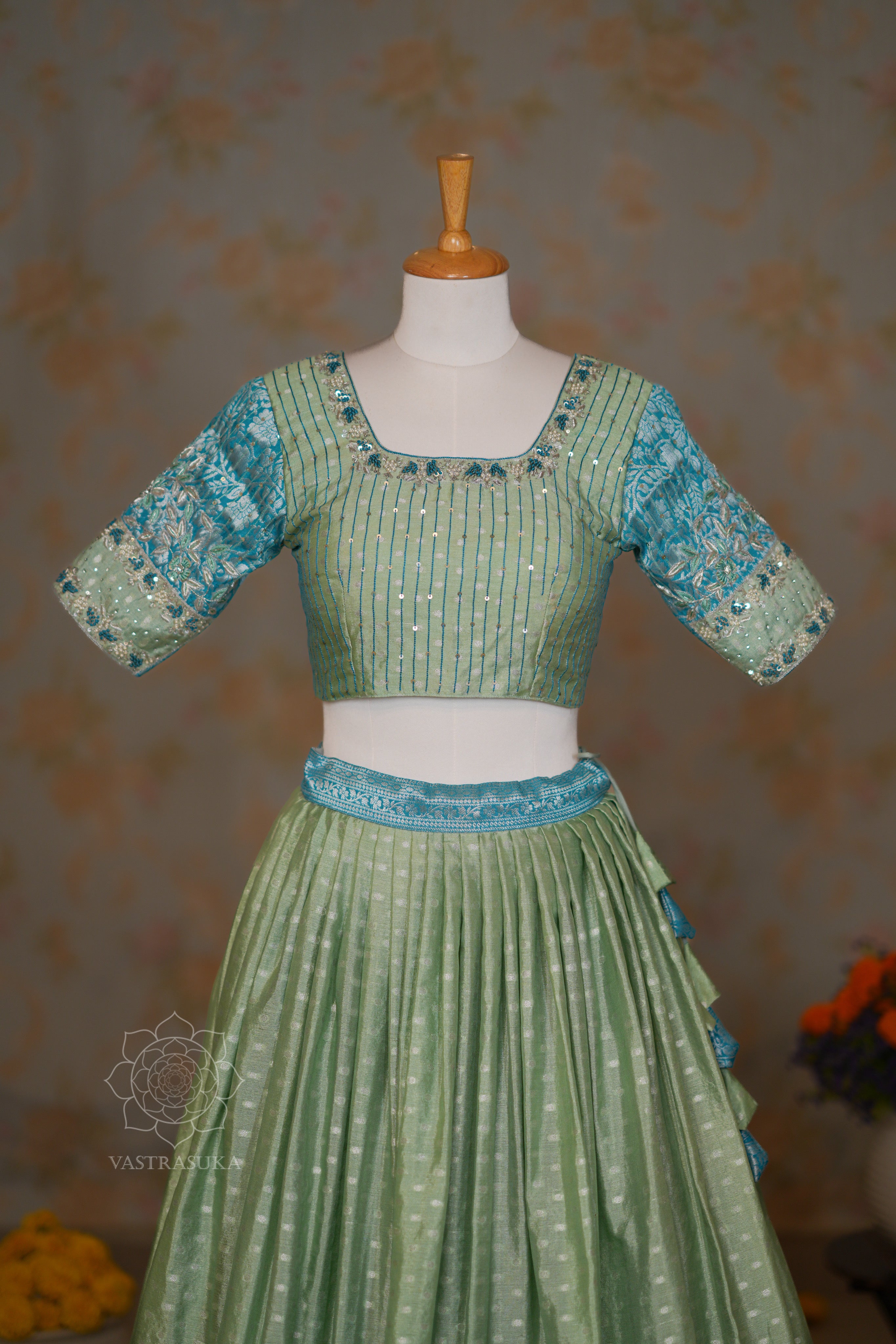 Pista and Teal Lehenga Set