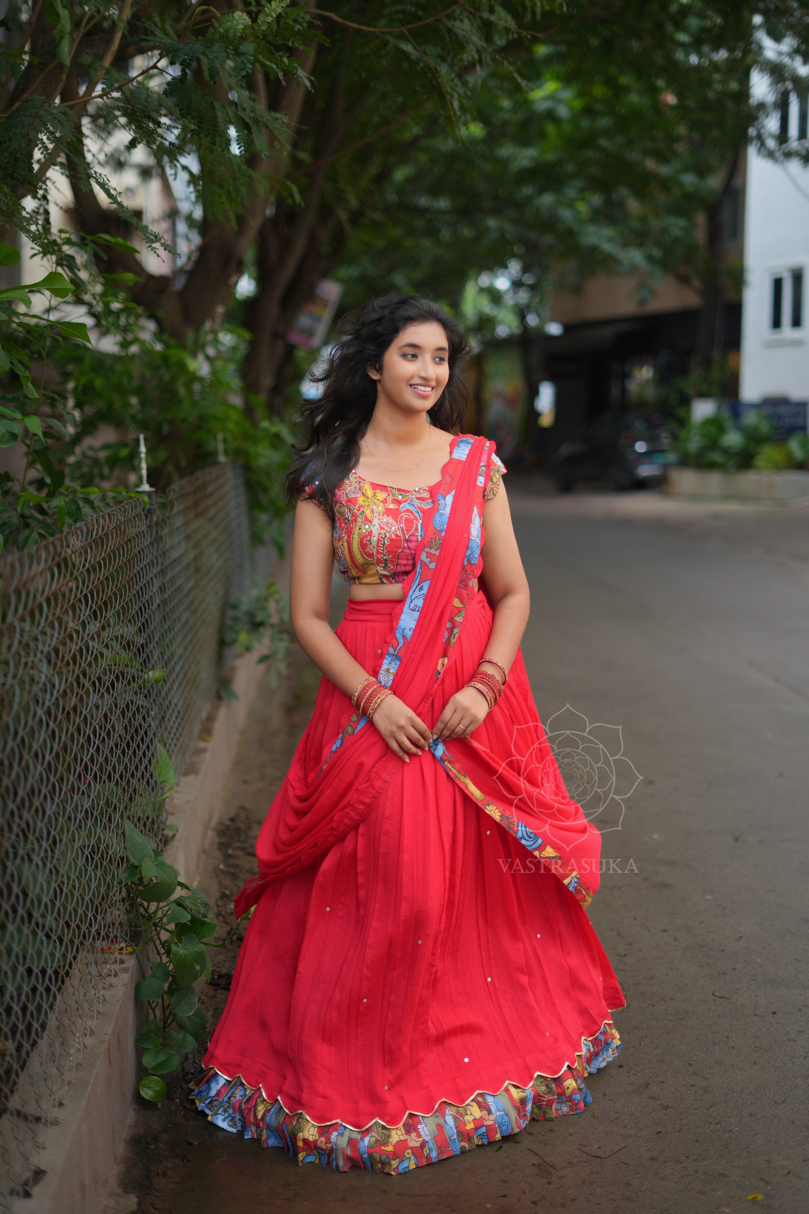 Red kalamkari lehanga set&nbsp;