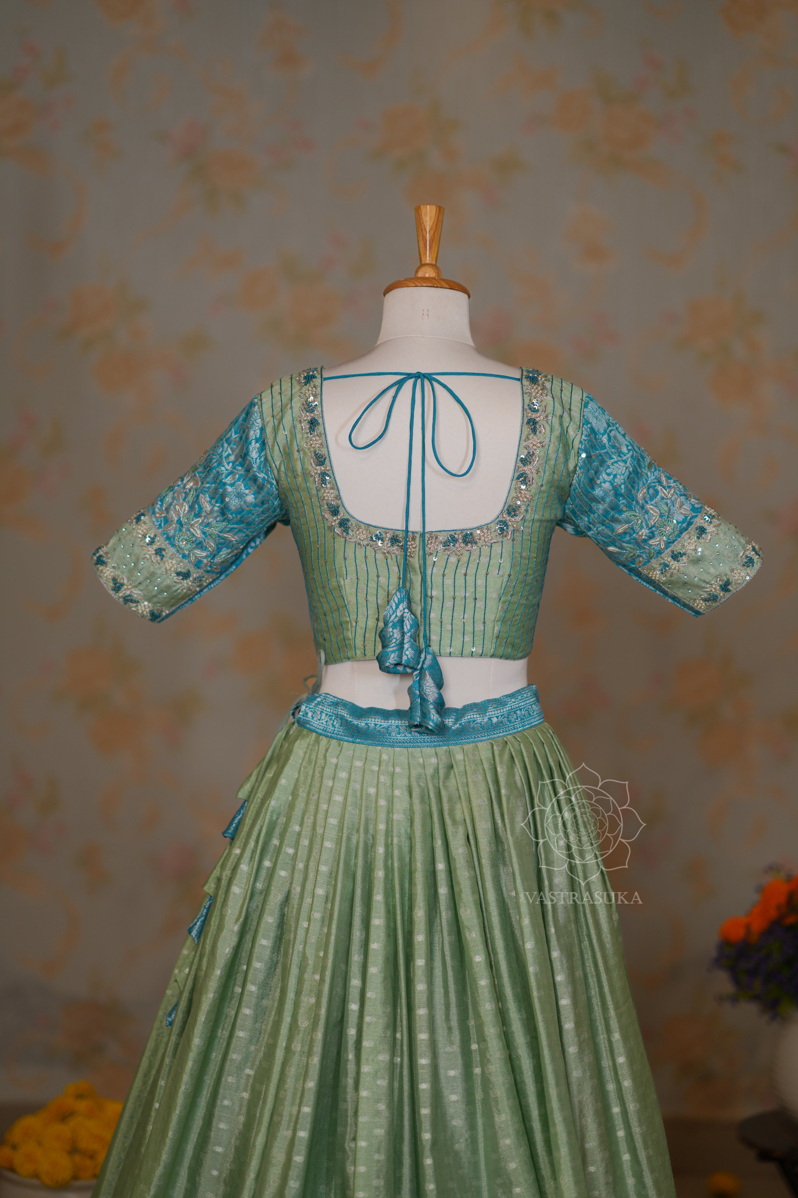 Pista and Teal Lehenga Set