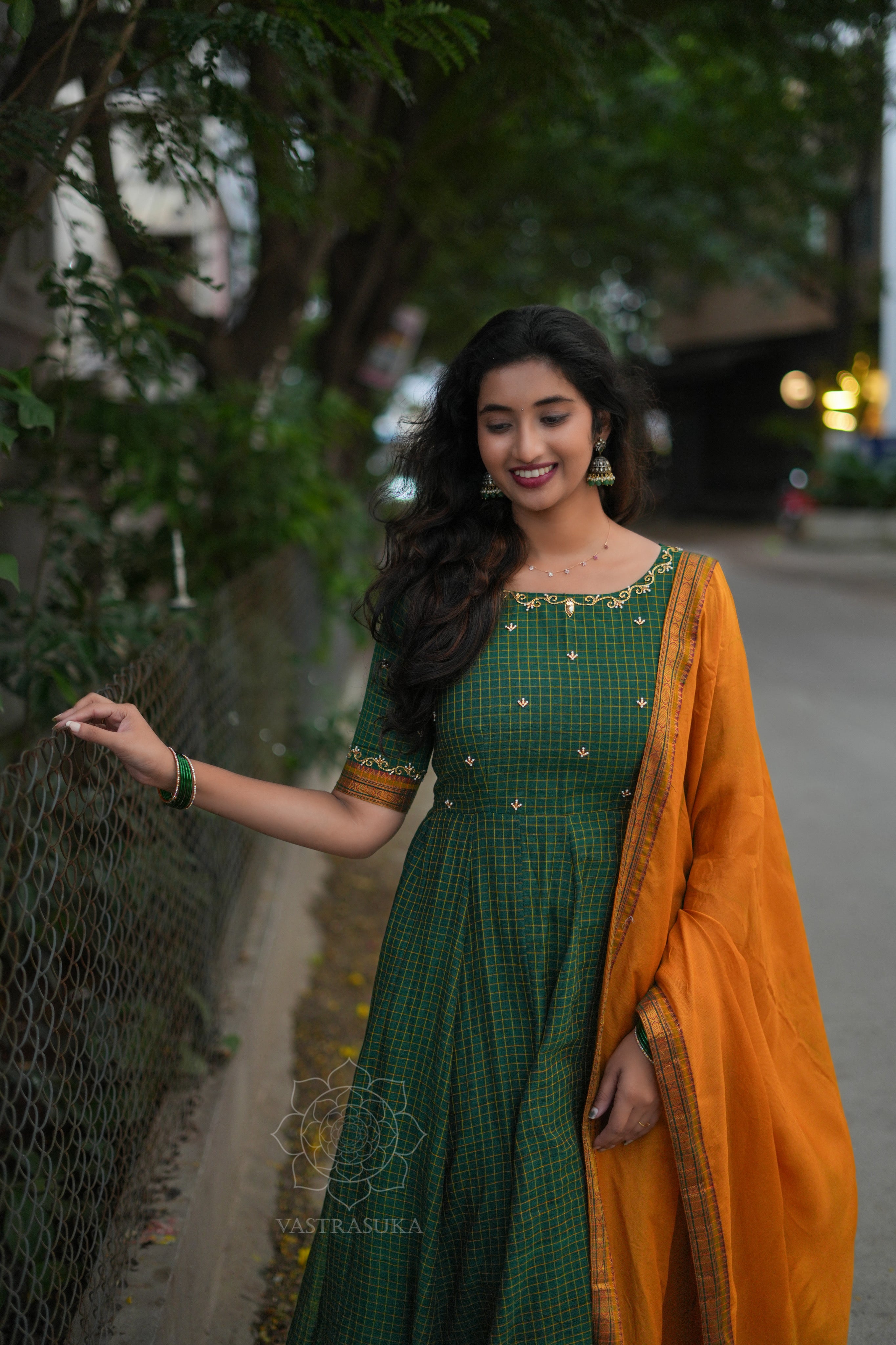 Green checks Anarkali handlooom